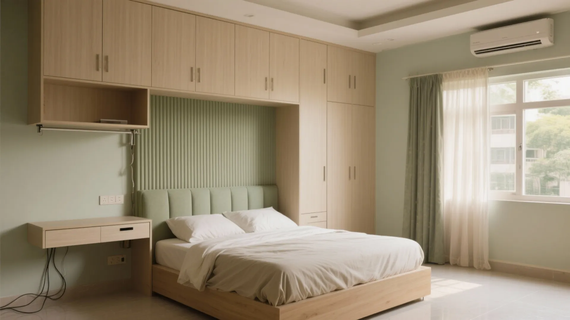 3) A bedroom that works harder: storage wall + Murphy desk