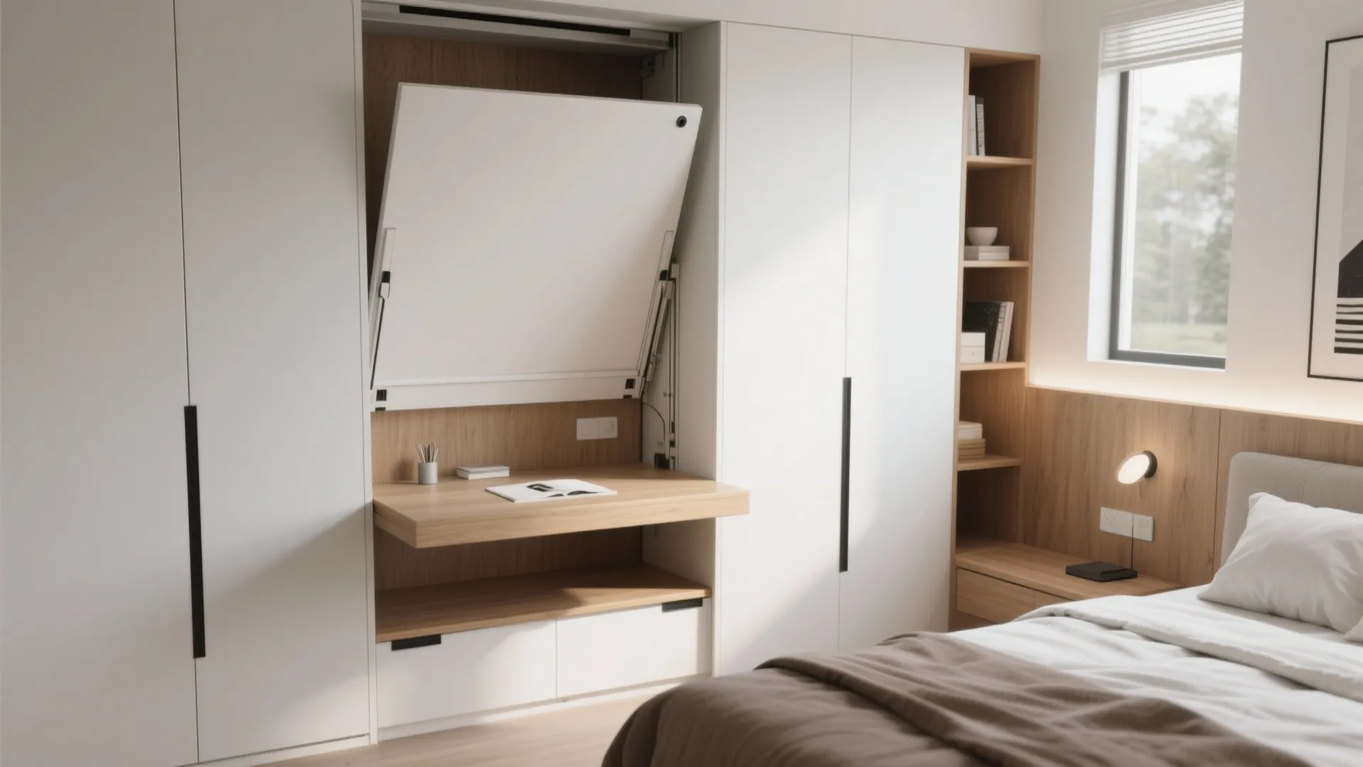 Modern white bedroom wardrobe with a folding wooden desk and integrated shelving for home office