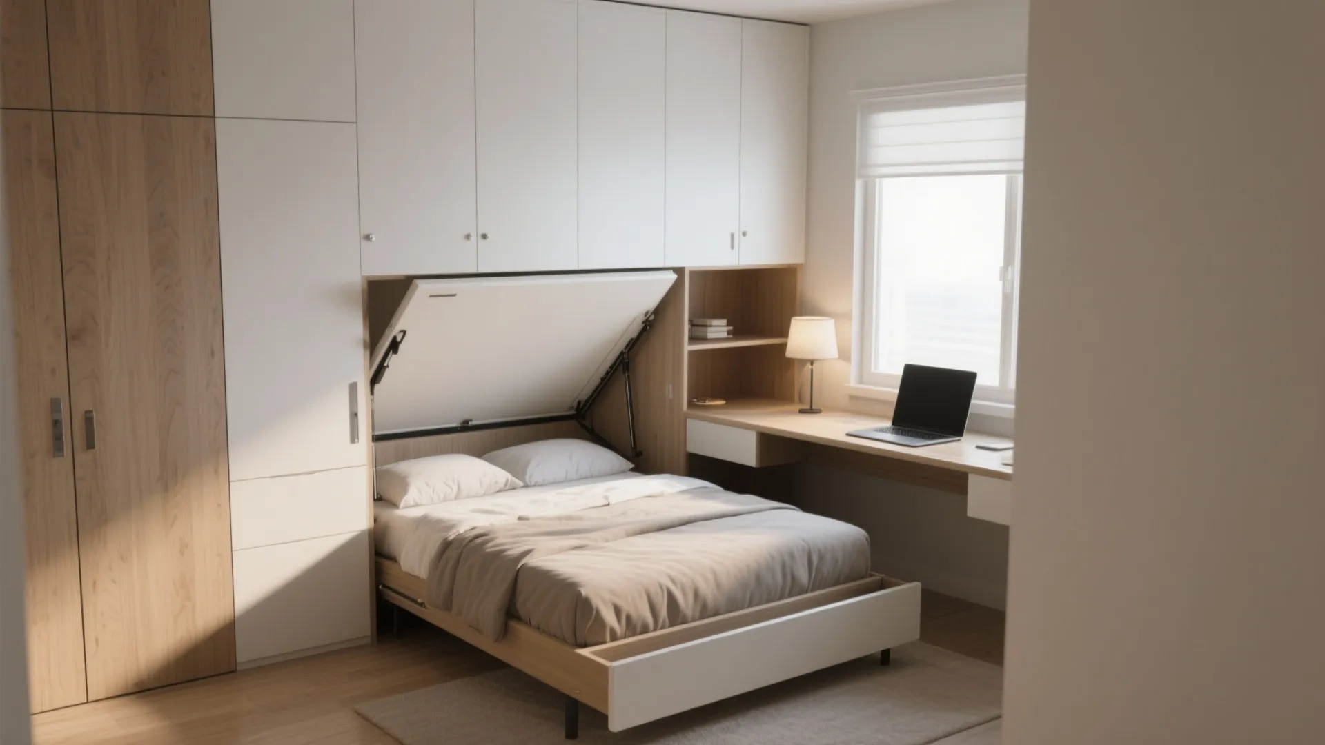 Modern bedroom with folding bed, white cabinets, wooden desk, laptop, and natural light from windows