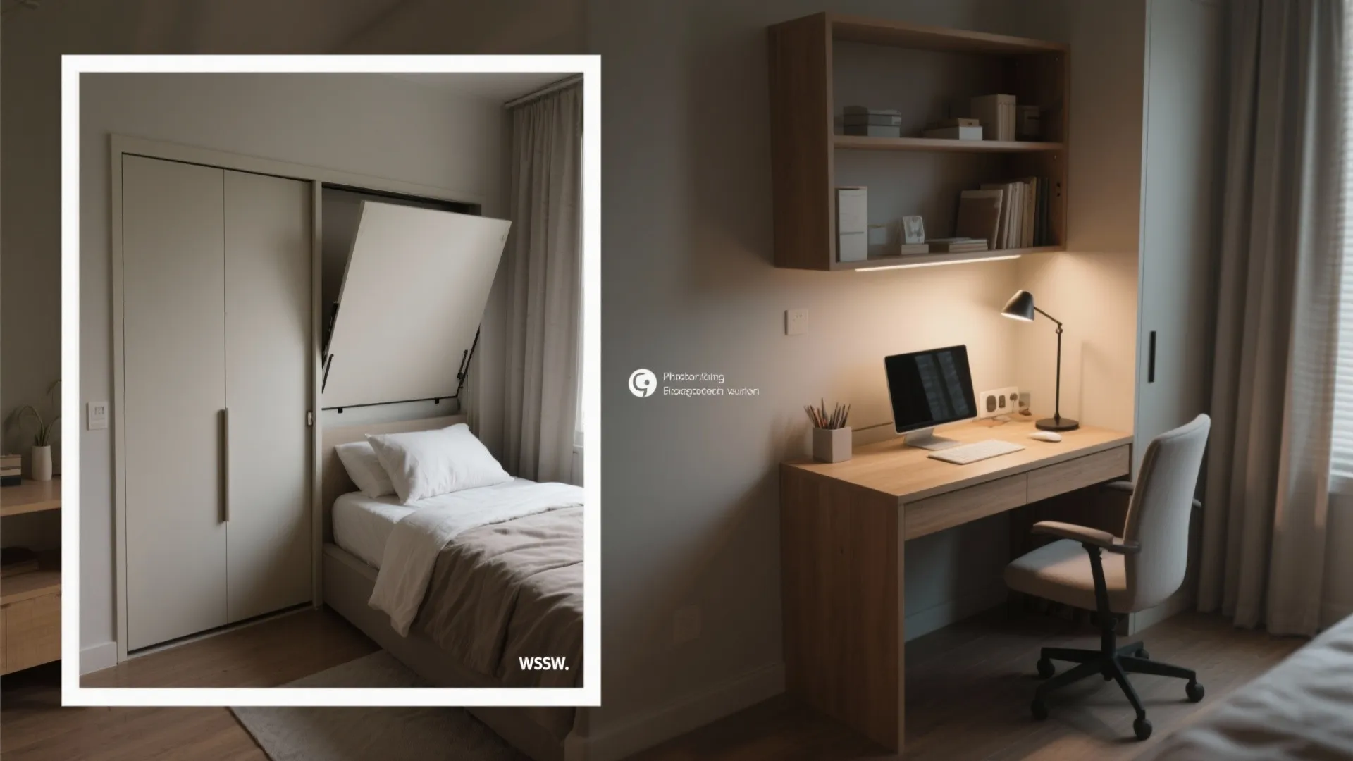 Before and after comparison of a wall bed and a home office with wooden desk