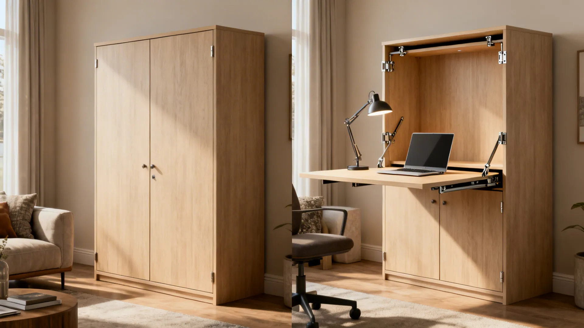Fold-down Murphy desk closed as cabinet and open as a full workspace in the living room