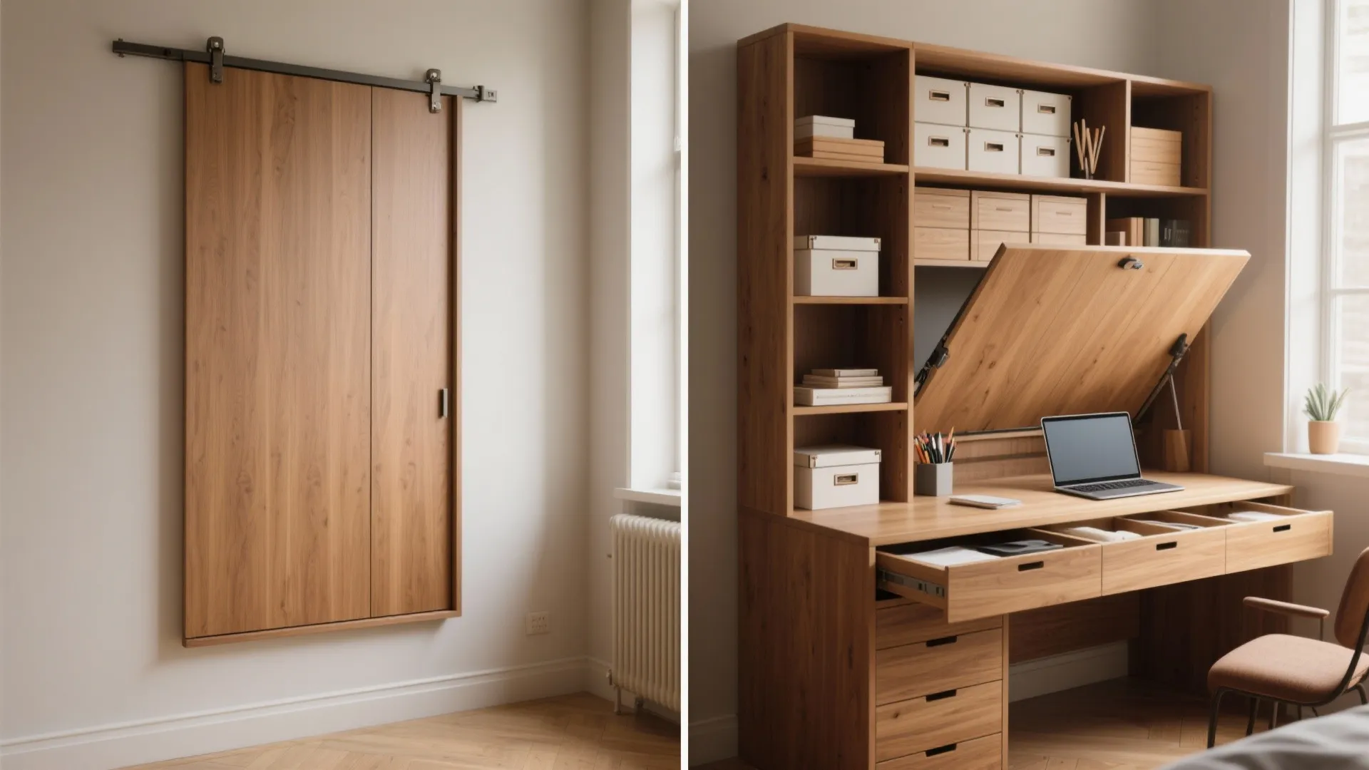 Fold-down Murphy-style desk with modular drawers