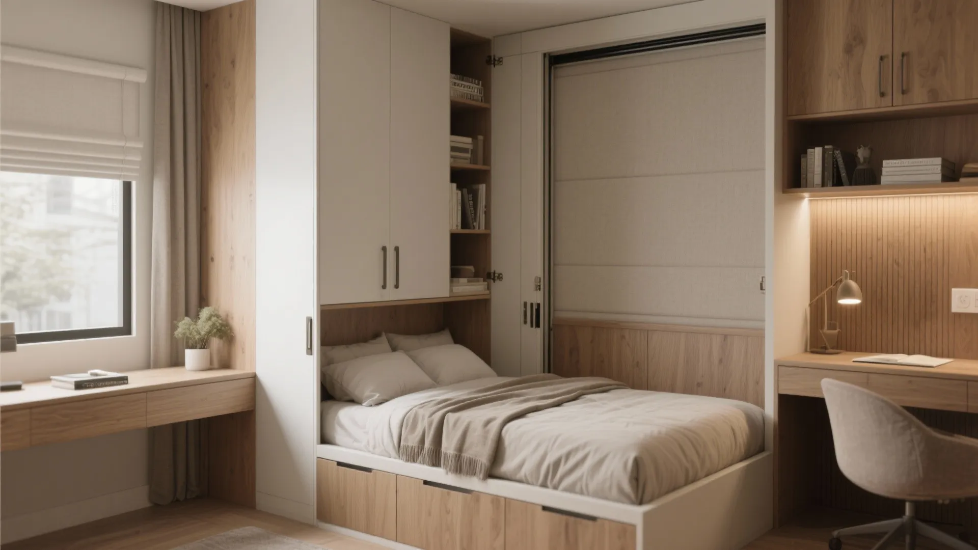Macro view of a Murphy bed integrated with a sliding desk and custom millwork in a flexible bedroom.
