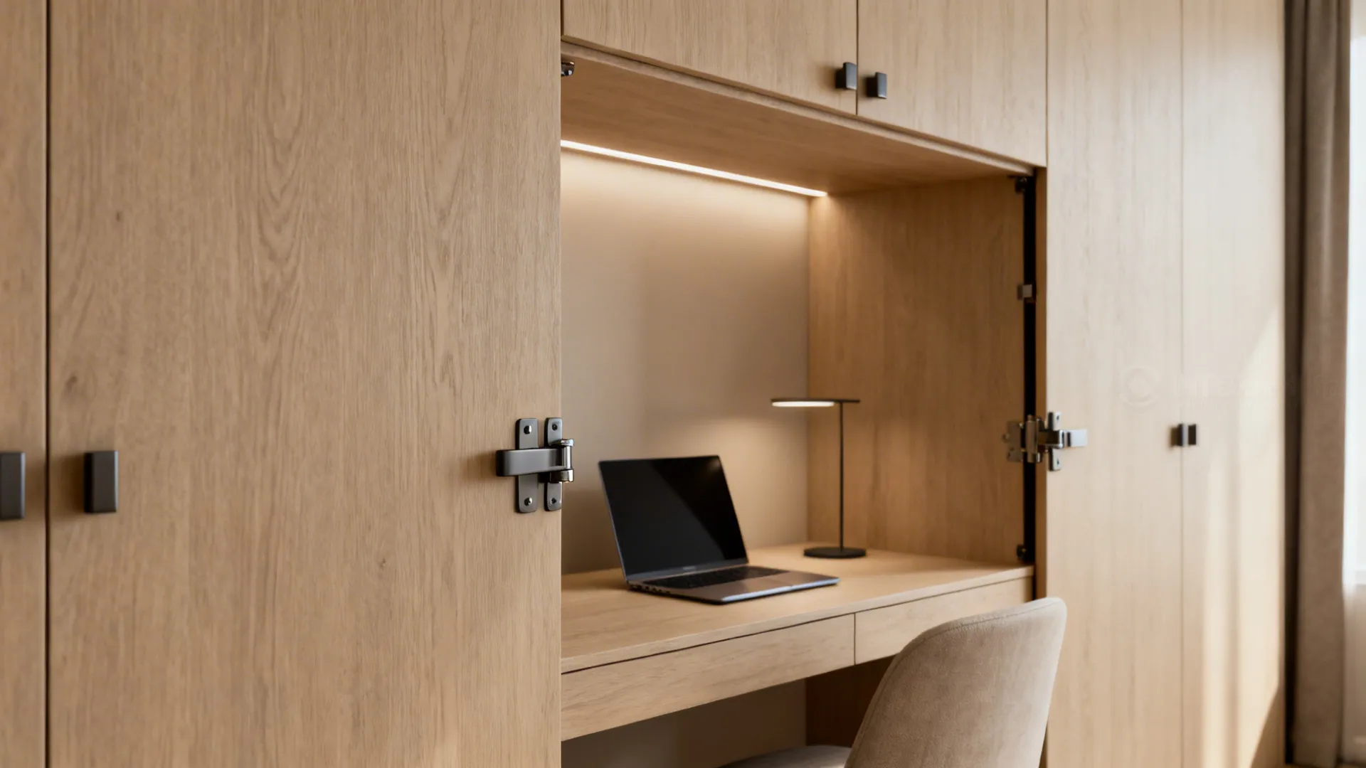 Interior design drawing of a hidden wooden desk with laptop, lamp, and chair inside cabinet
