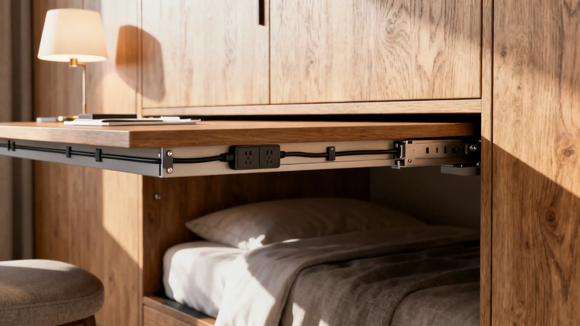 Sliding wood desk showing power outlets above a white bed in a small guest bedroom
