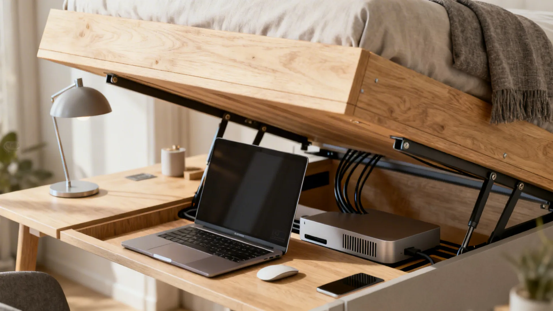 Lifting bed frame reveals a hidden wooden desk with laptop computer cables and table lamp