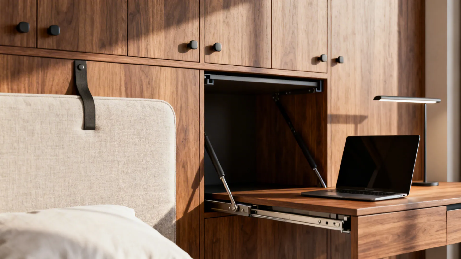 Close-up of a Murphy bed unit with a built-in desk left in place as the bed folds down.