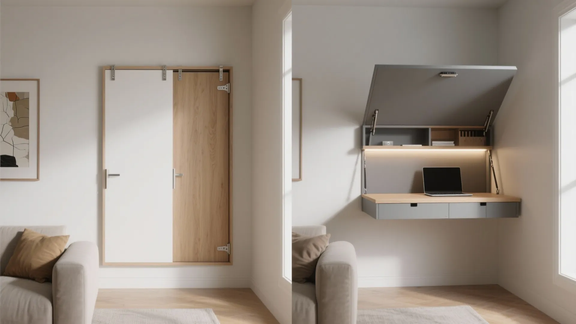 Before and after comparison of a closed wall cabinet versus an open wall mounted desk