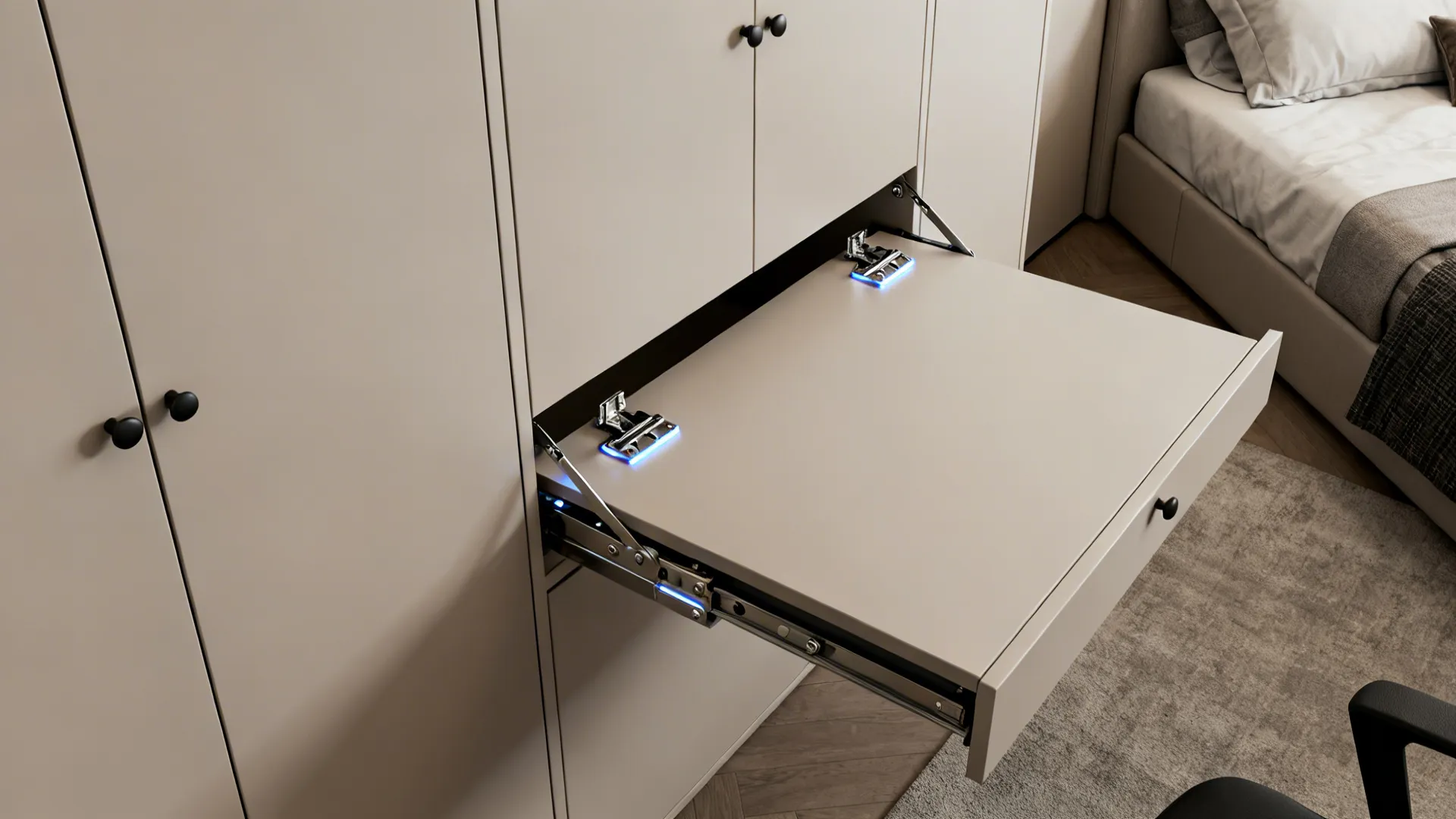 Fold-down Murphy desk shown closed and open, highlighting cabinet face and hinge mechanism.