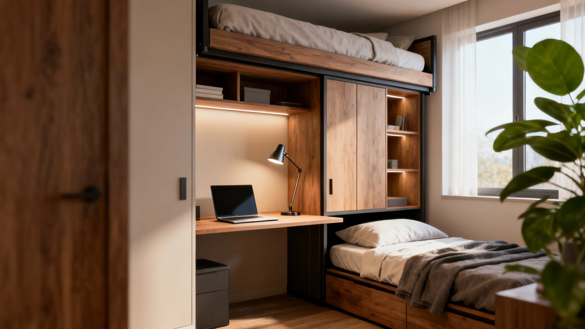 Modern small bedroom with a wooden bunk bed set above a functional desk and laptop