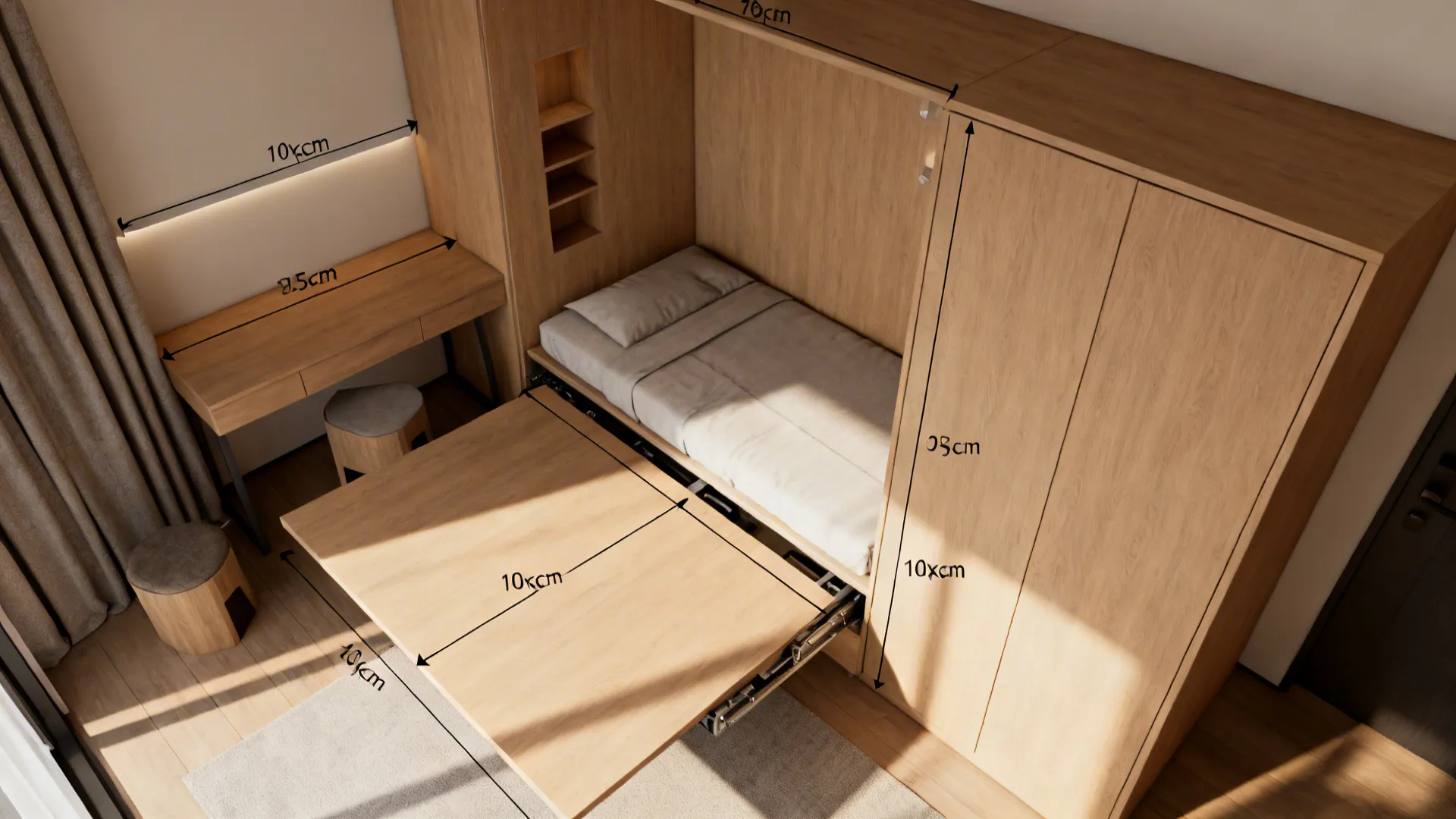 1. Fold-down Murphy desk with a wall bed