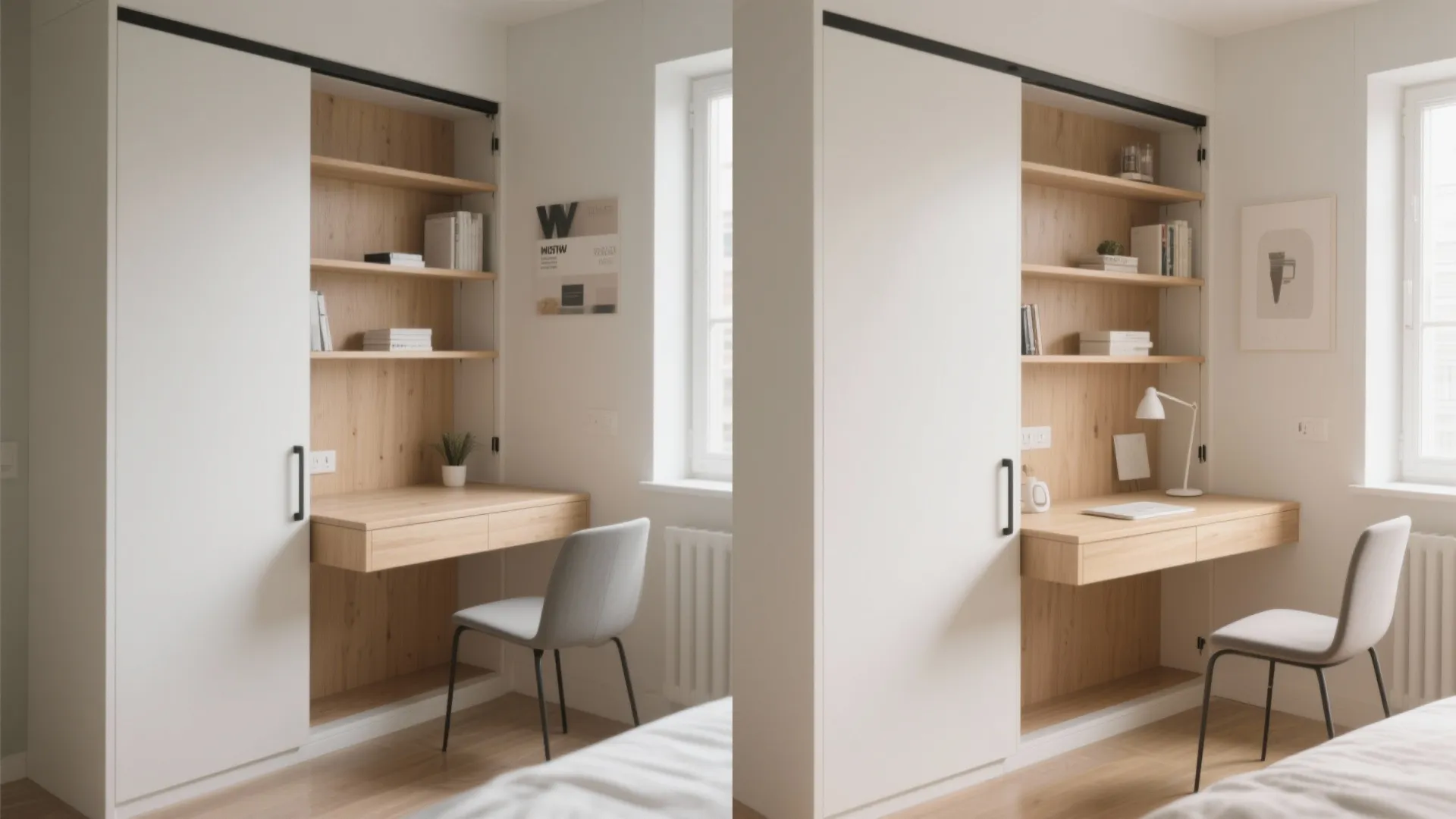 Modern white sliding door cabinet reveals a hidden wooden desk with shelving and a chair