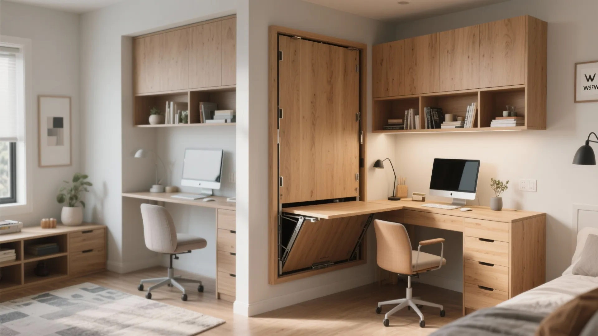 Before and after views of a murphy desk built-in in small room