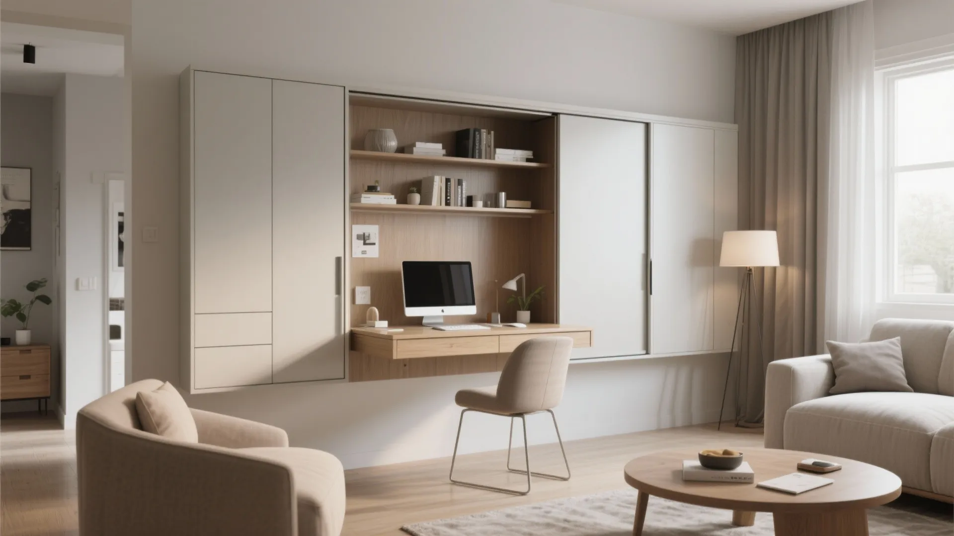 Modern home office with hidden wall desk, wooden shelves, computer, beige chair, and living sofa