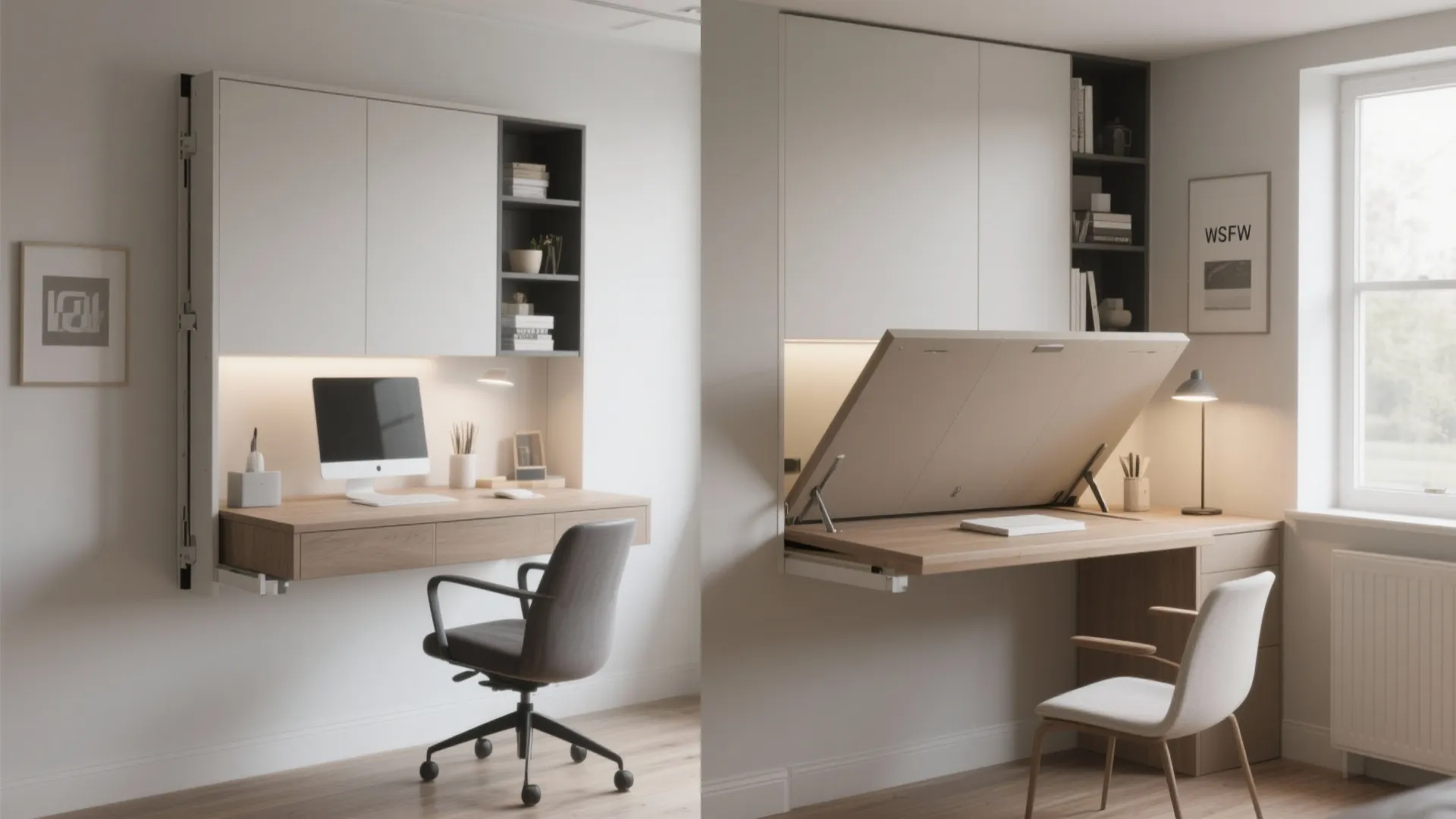 Comparison of a wall mounted wooden desk shown in both open and folded closed positions