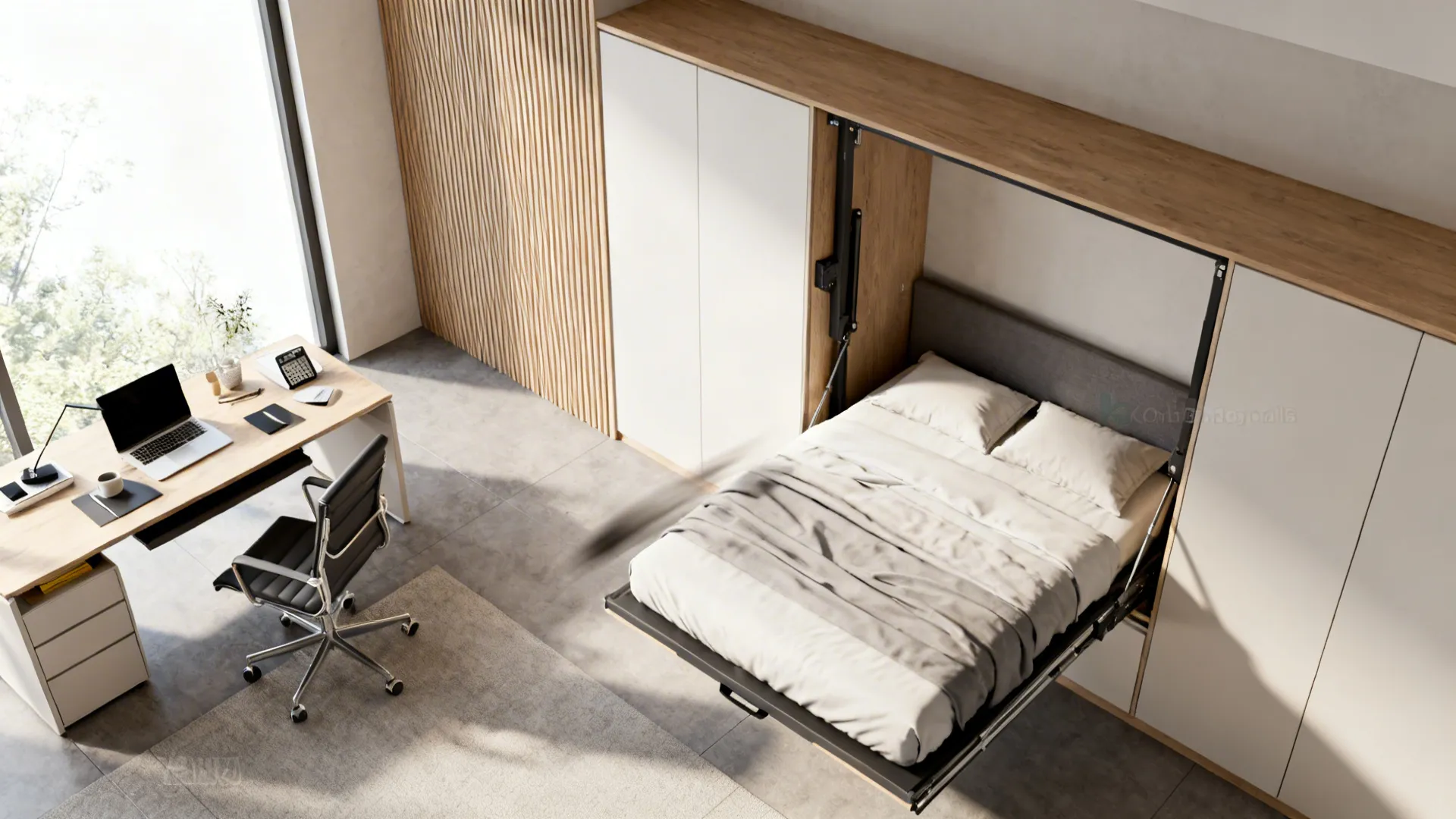 Murphy bed opposite a fold-down desk in a compact room, showing multi-function arrangement.