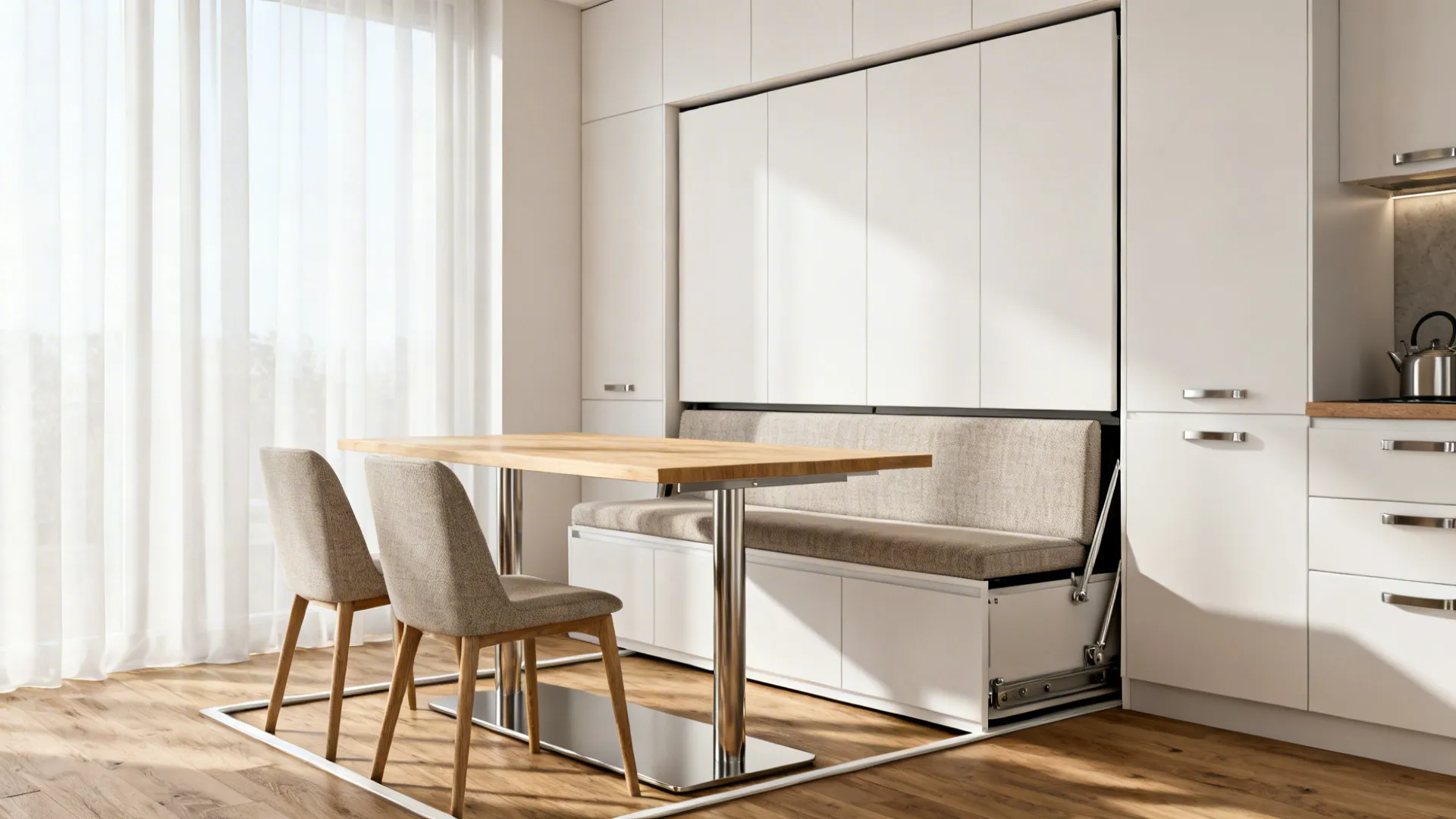 Modern dining area with wooden table, grey chairs, and white storage cabinets with integrated bench