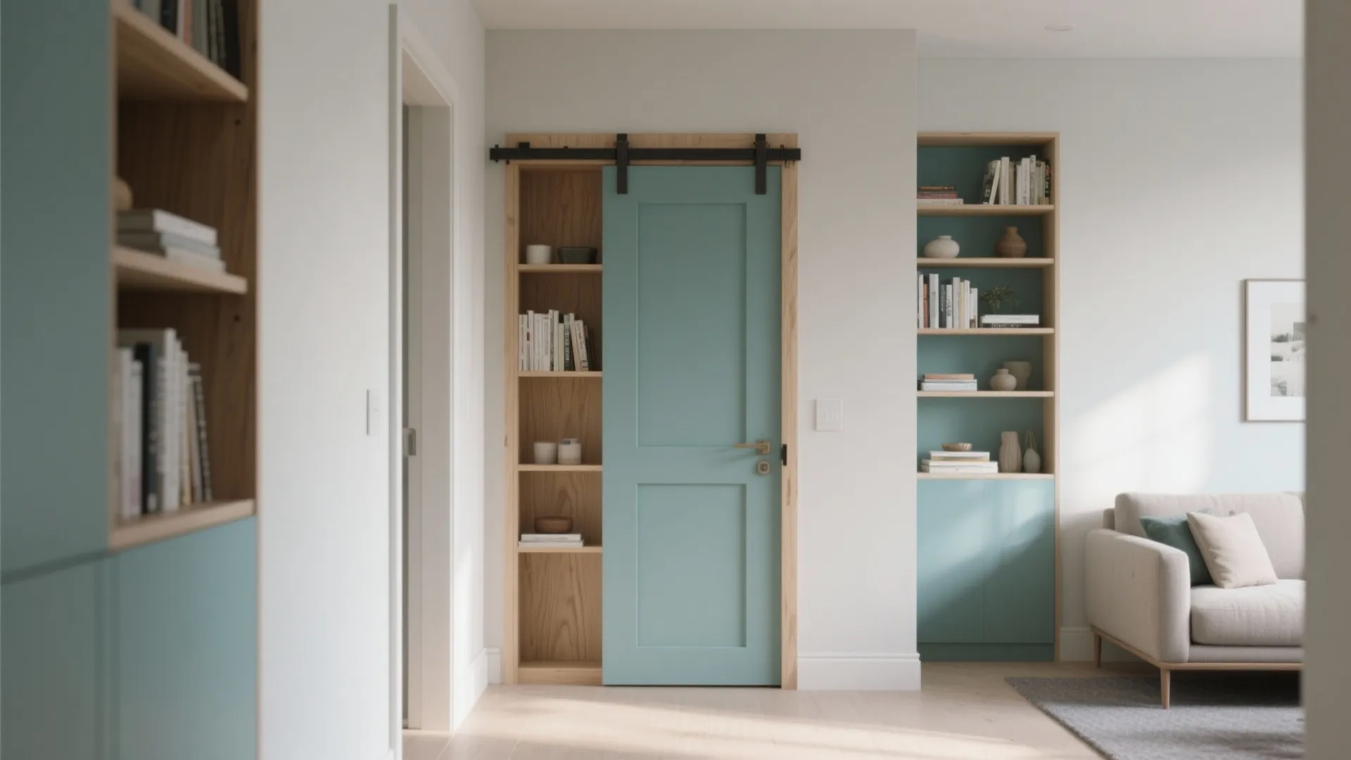 Modern blue sliding barn door next to built in wooden bookshelves in a bright hallway