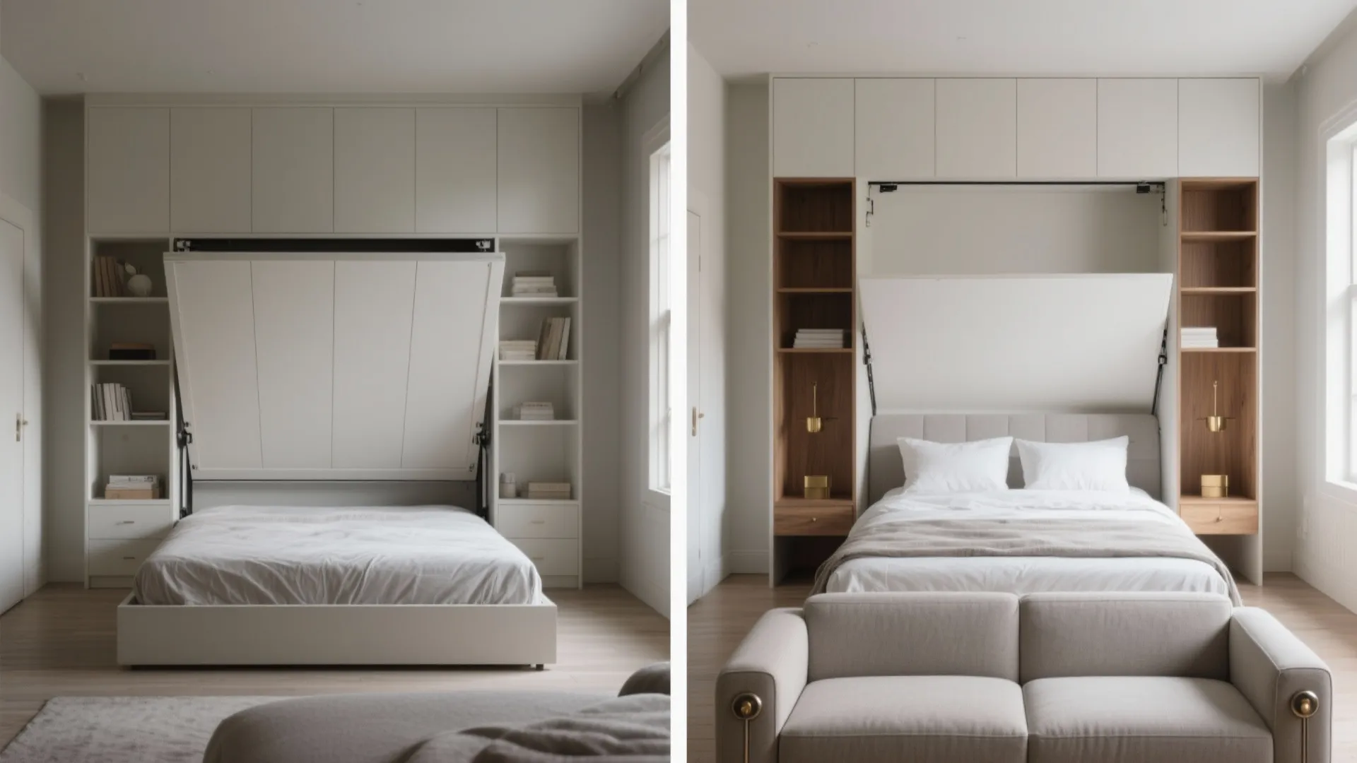Studio wall with queen Murphy bed shown closed over a compact sofa and opened for sleeping, modern cabinetry.