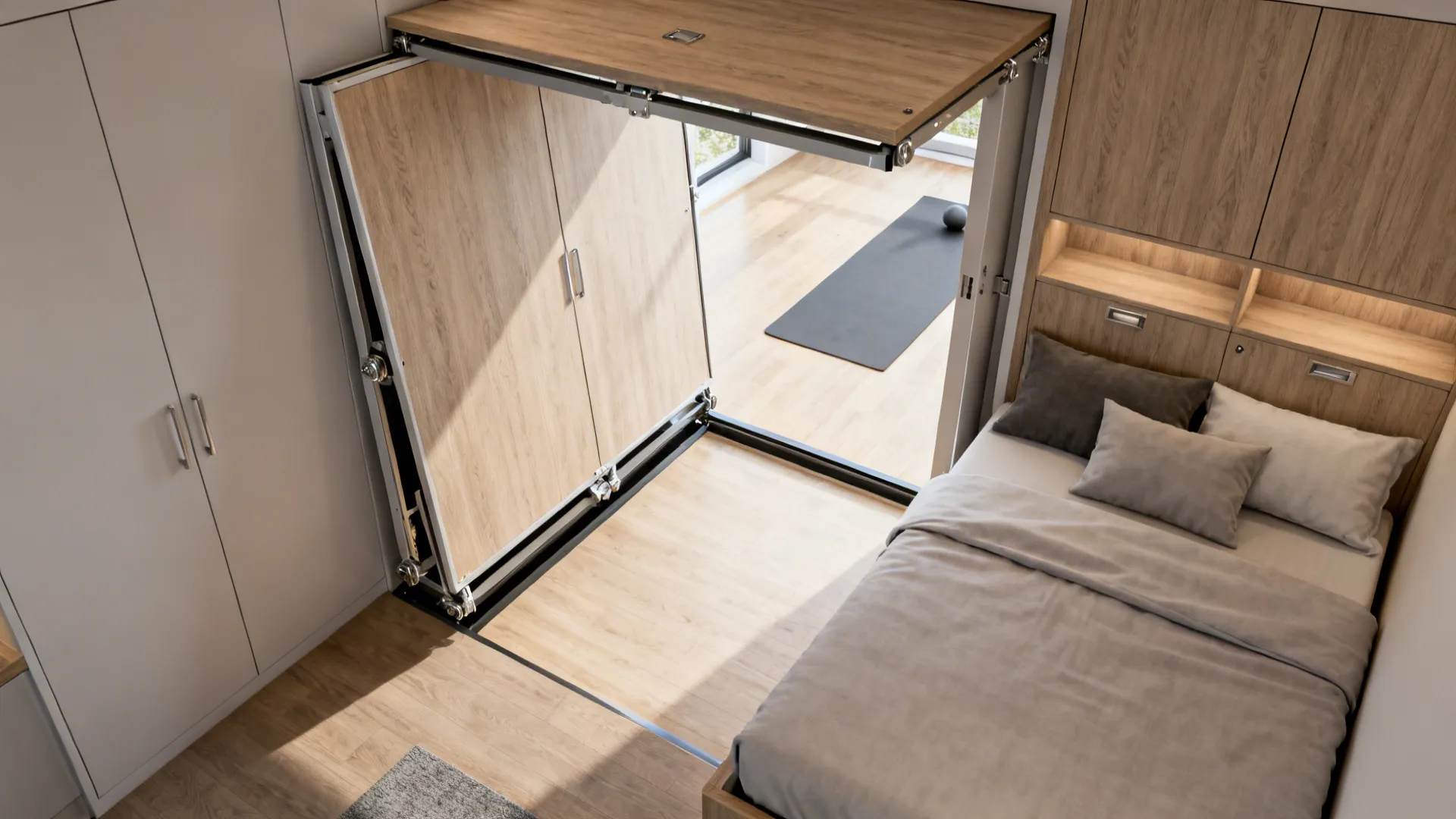 Room with a folded Murphy bed next to a fixed single bed showing daytime open floor space