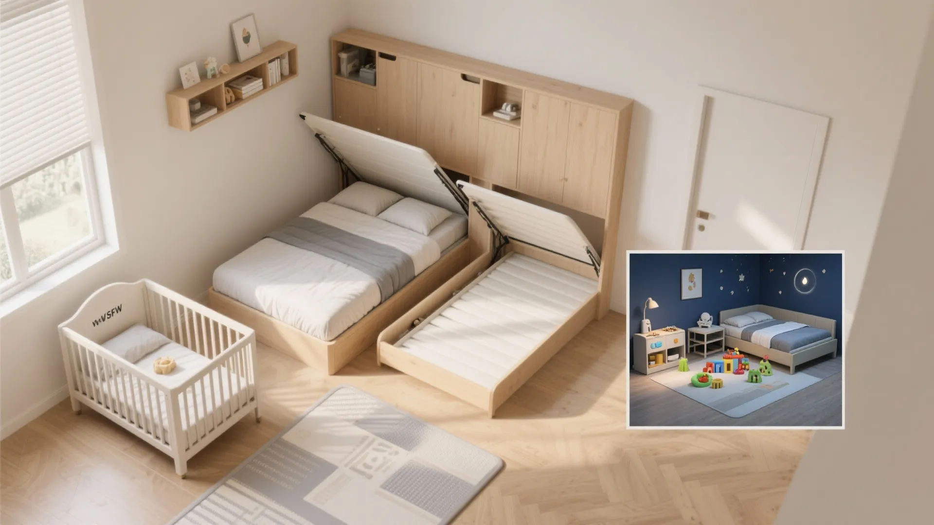 5. Fold-down twin (Murphy-style) with removable crib