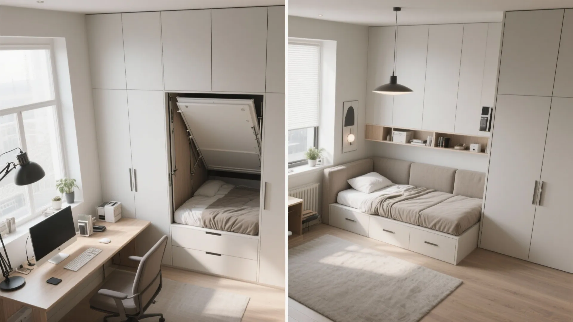 Before and after showing a wall bed folding out from a white cabinet in studio