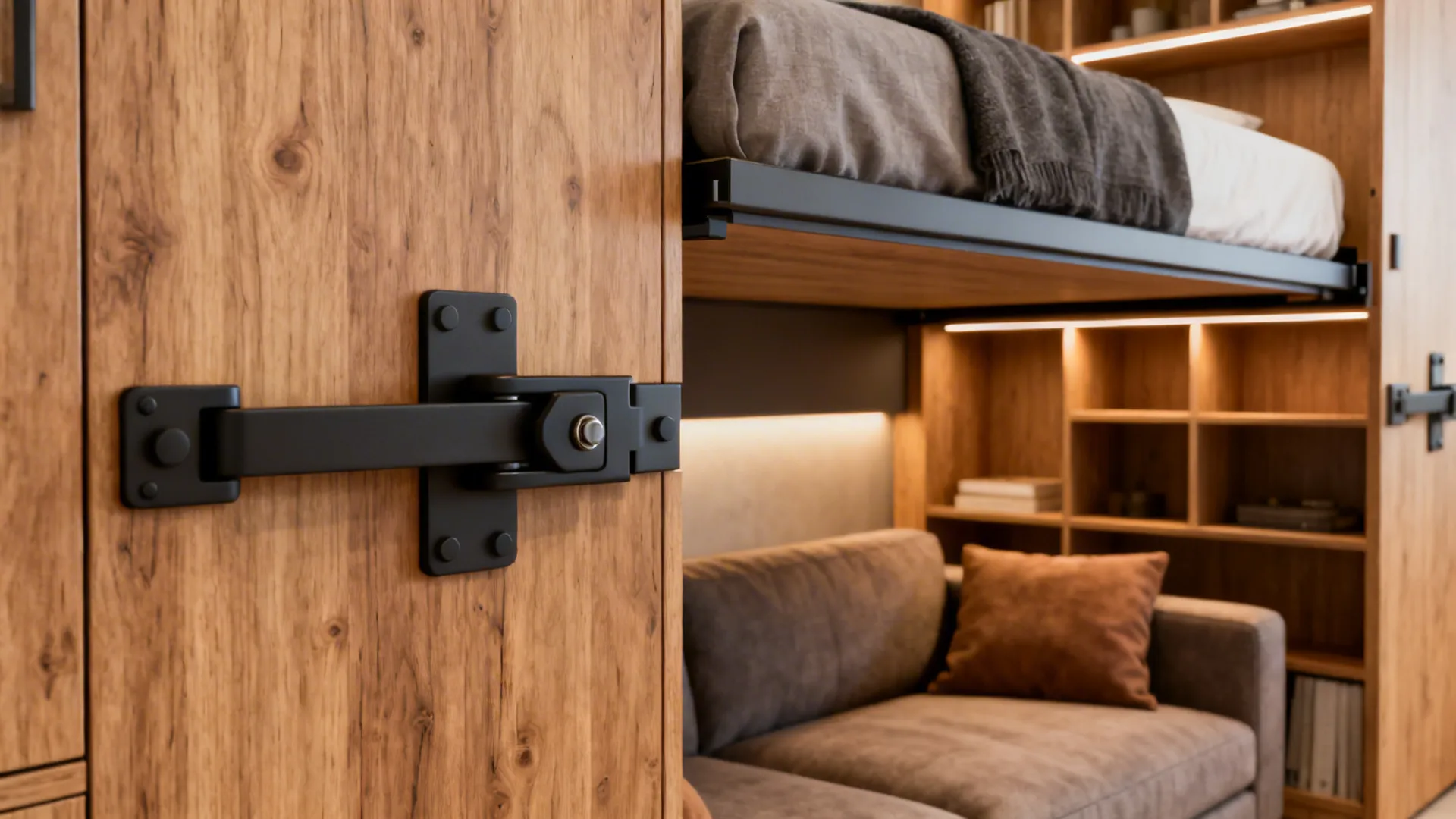 Black metal lock on wooden panel with sofa and storage shelves in the blurred background