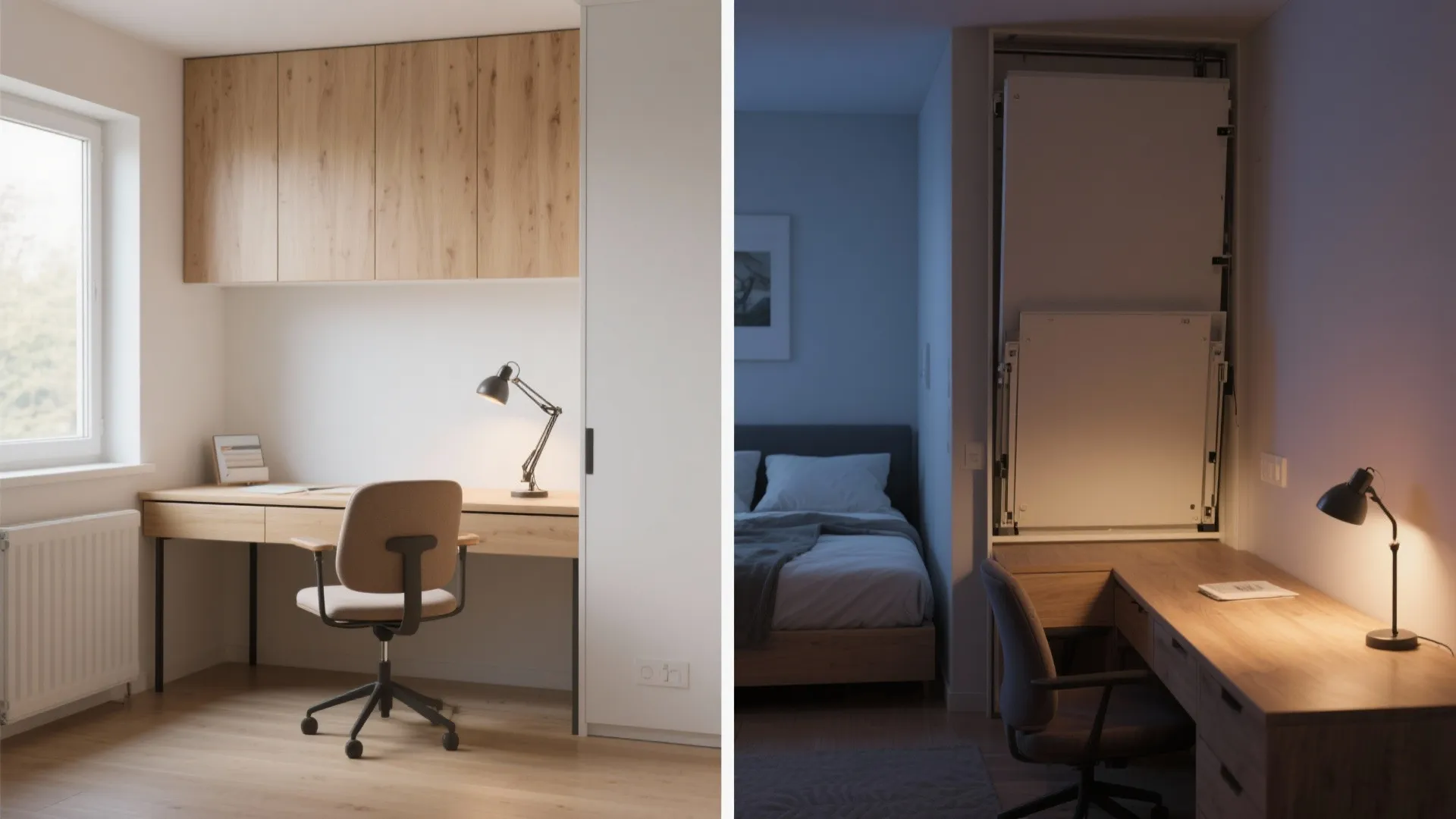 Functional home office desk and chair transforms into bedroom space with a folding wall bed