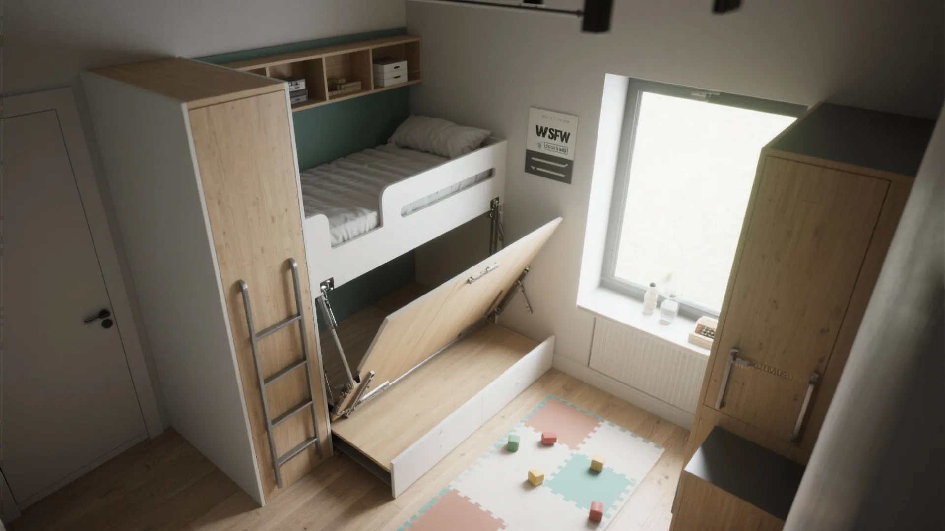 Modern kids bedroom featuring a white bunk bed with wooden fold out desk and window