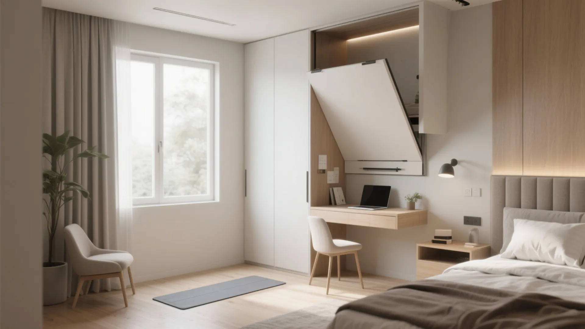 Space saving bedroom layout with a foldable desk and chair next to a large white window