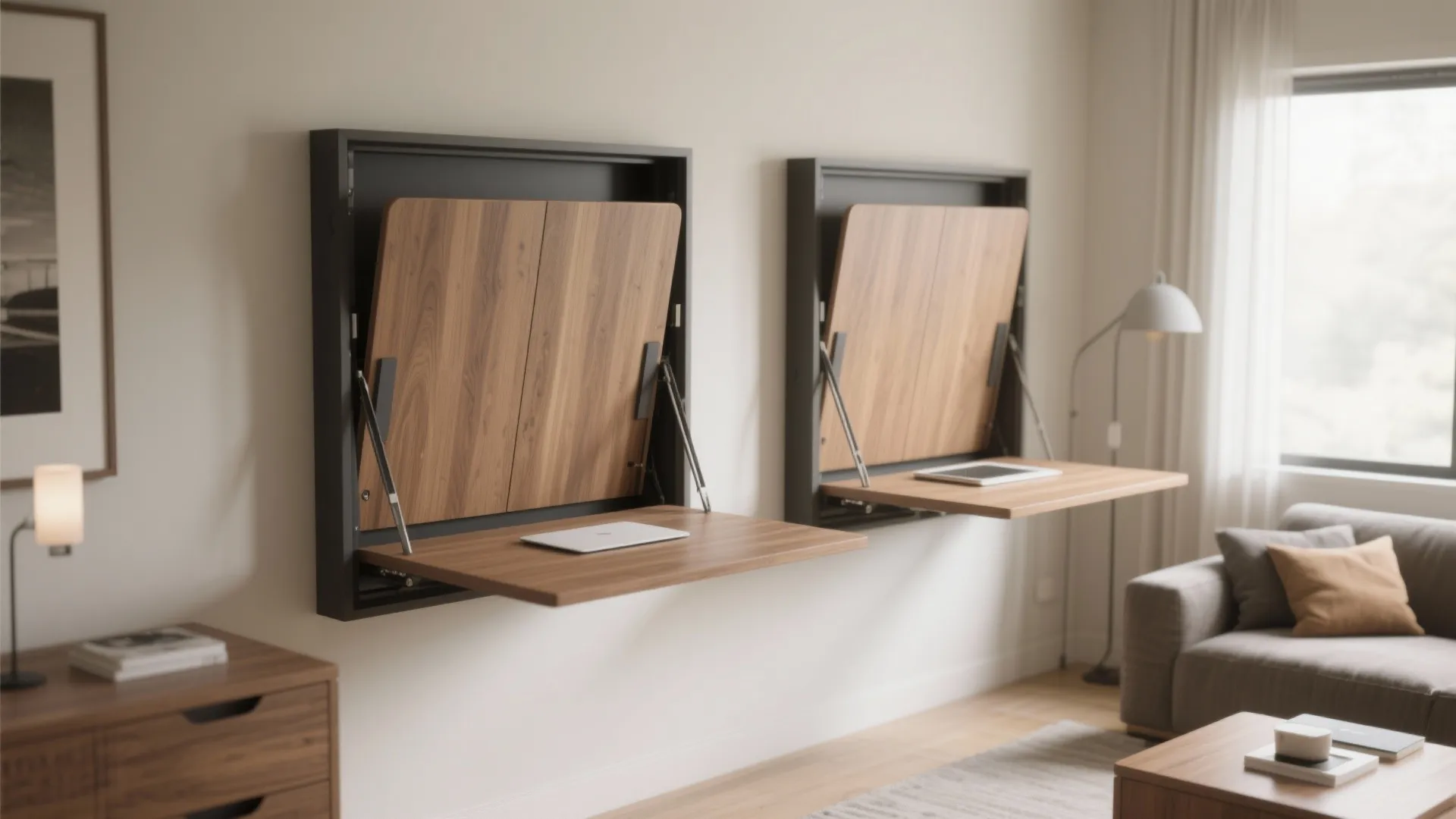Two wall mounted folding desks with wooden tops and laptops in a modern living room