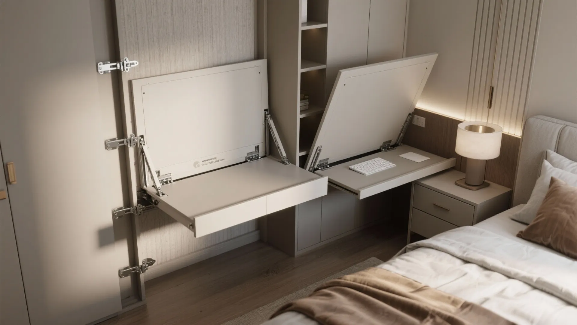 Space saving white wall mounted folding desk shown half opened next to a modern bed