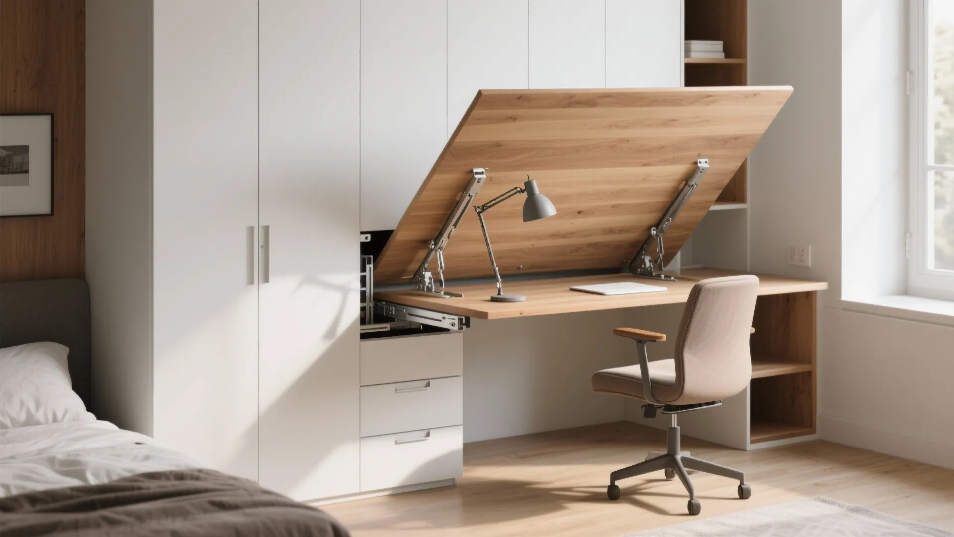 Space saving wooden folding desk integrated into white bedroom cabinet with grey chair and lamp
