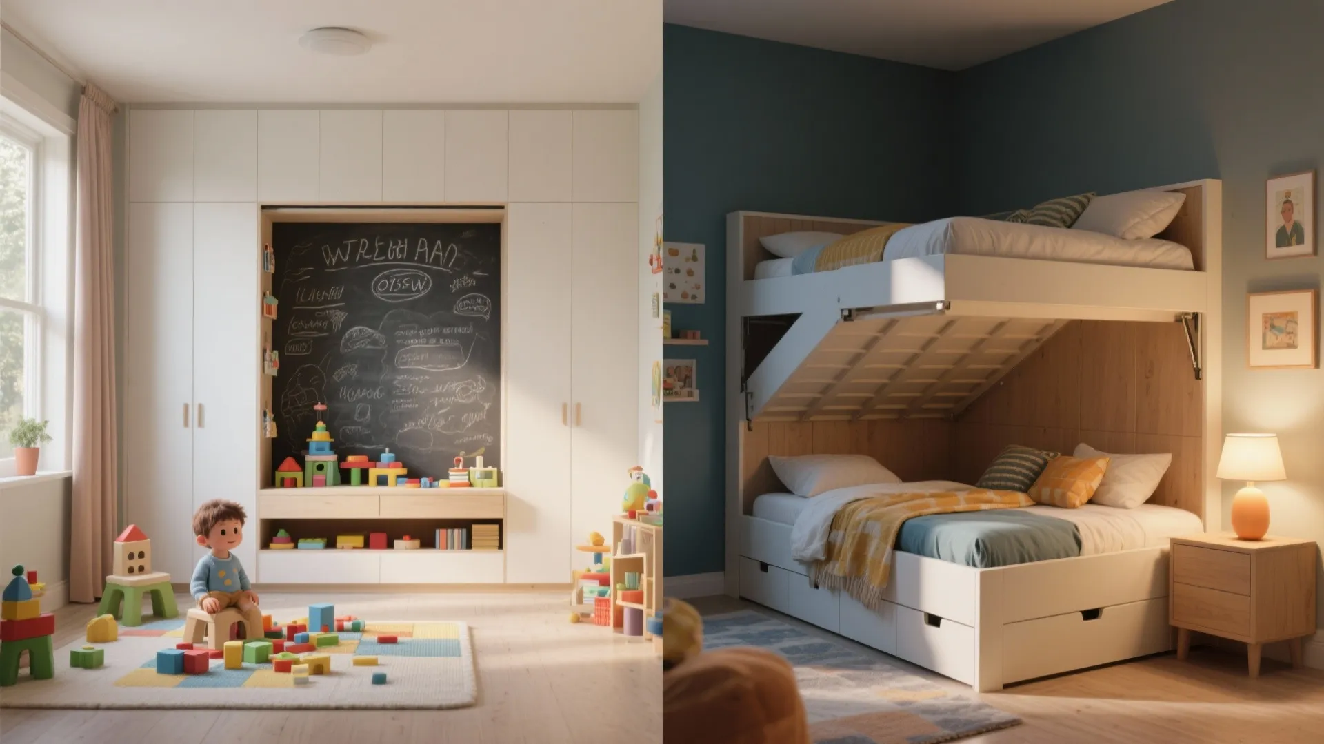 Before-and-after split of a Murphy bed: daytime playroom with chalkboard facade and nighttime sleeping arrangement with bed pulled down.
