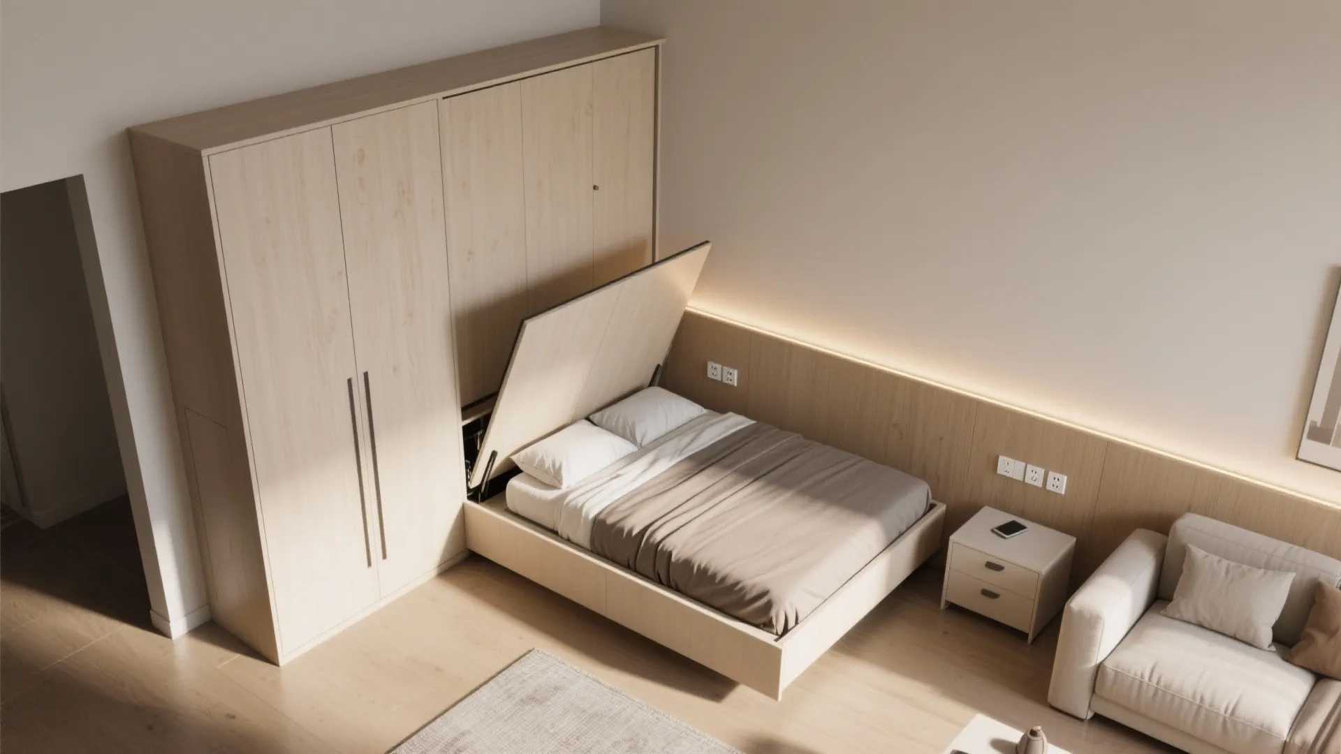 Interior design drawing showing a light wood murphy bed folding down next to a cabinet