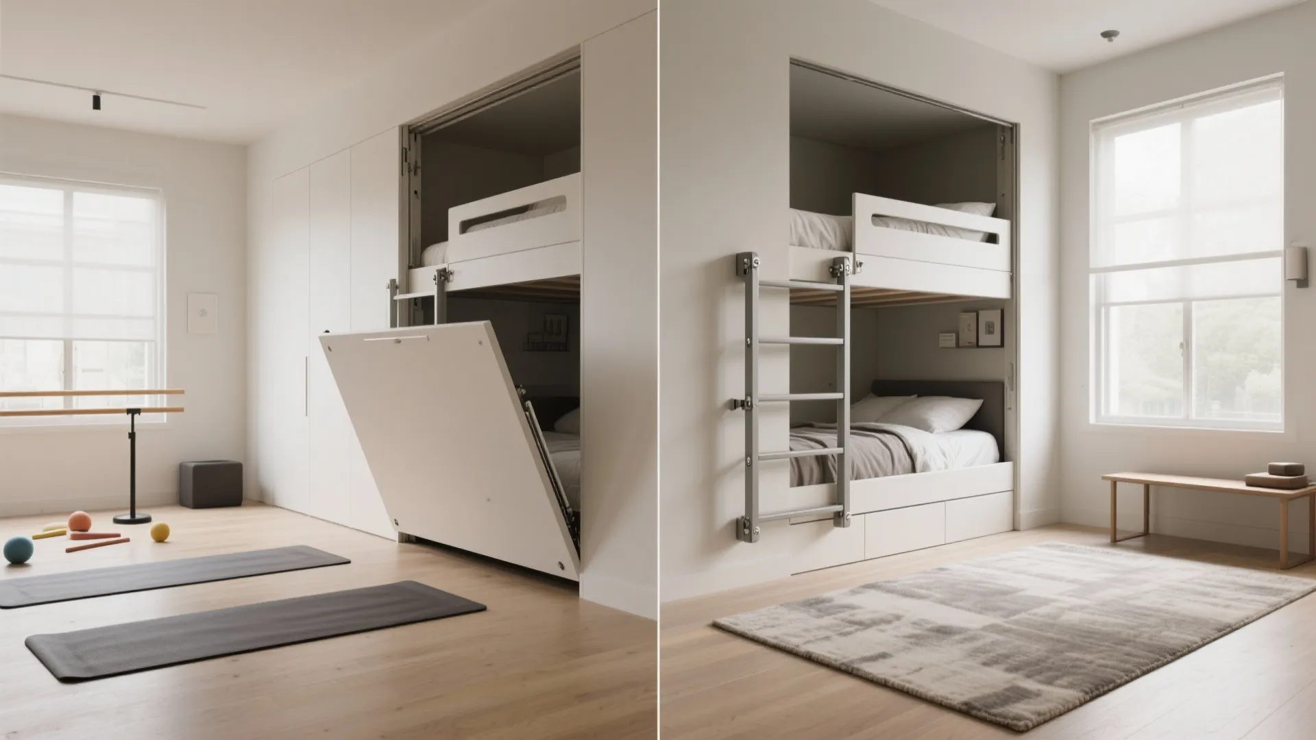 Comparison showing a white foldaway bunk bed opening from a wall in a bright room