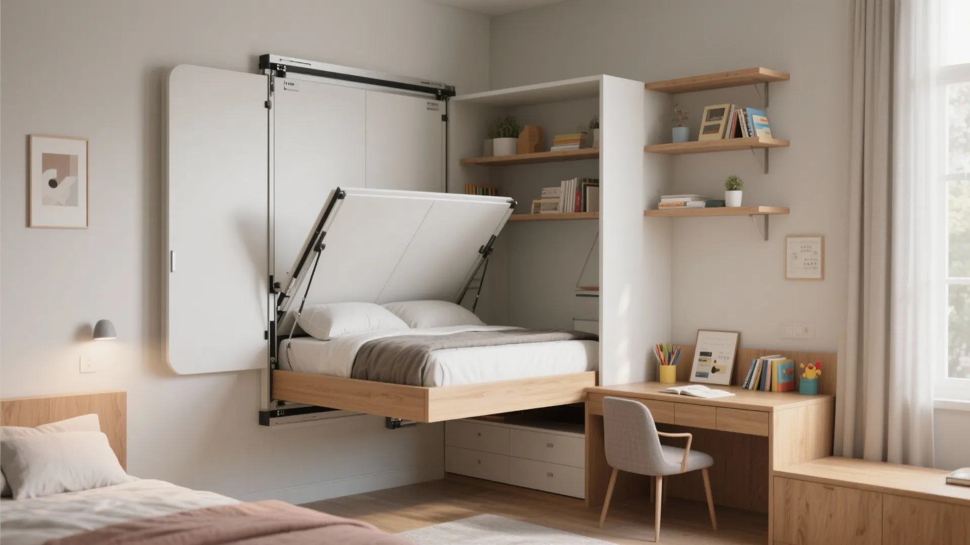 Modern fold down wall bed in a bedroom next to a desk with wooden shelves