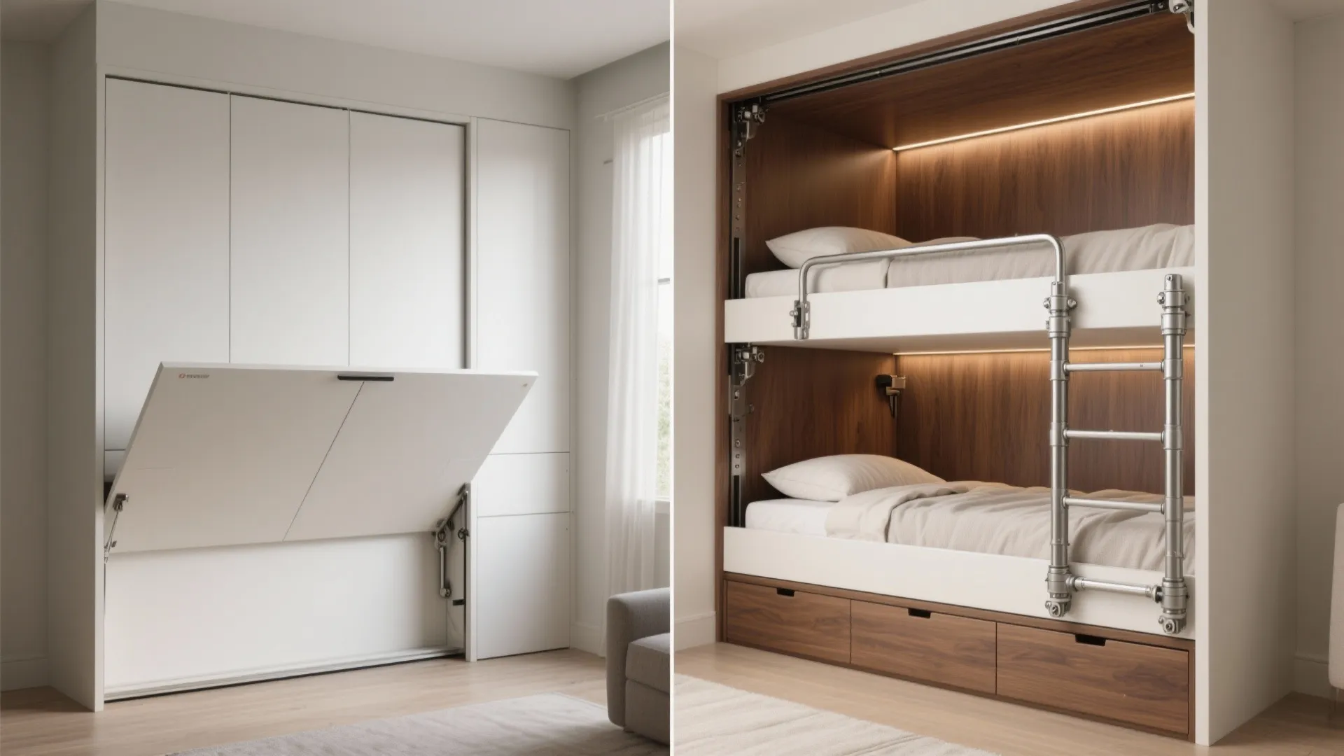Before and after comparison showing a white folding wall bed opening into wood bunk beds