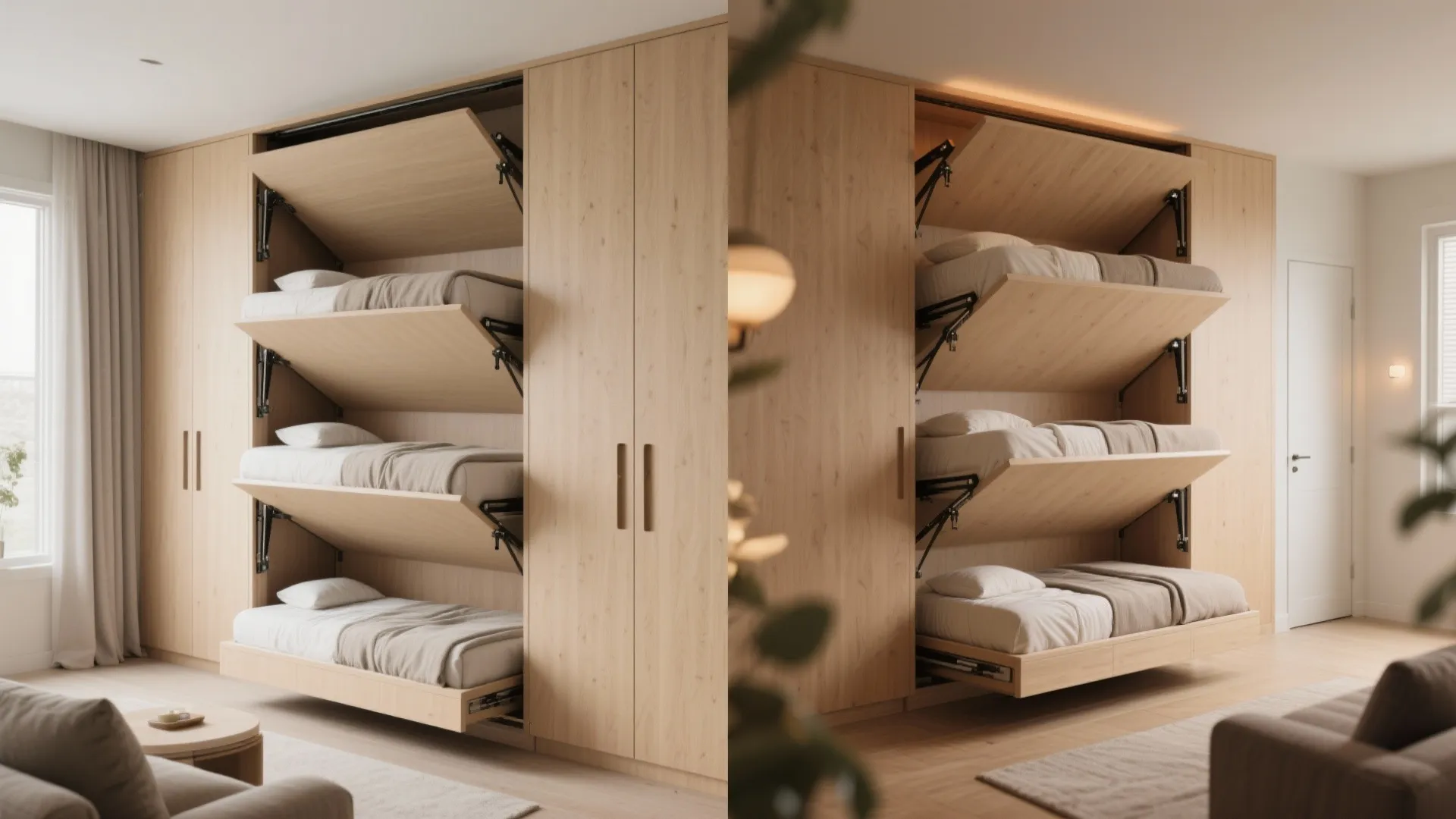 3. Fold-down Murphy beds grouped into a shared wall
