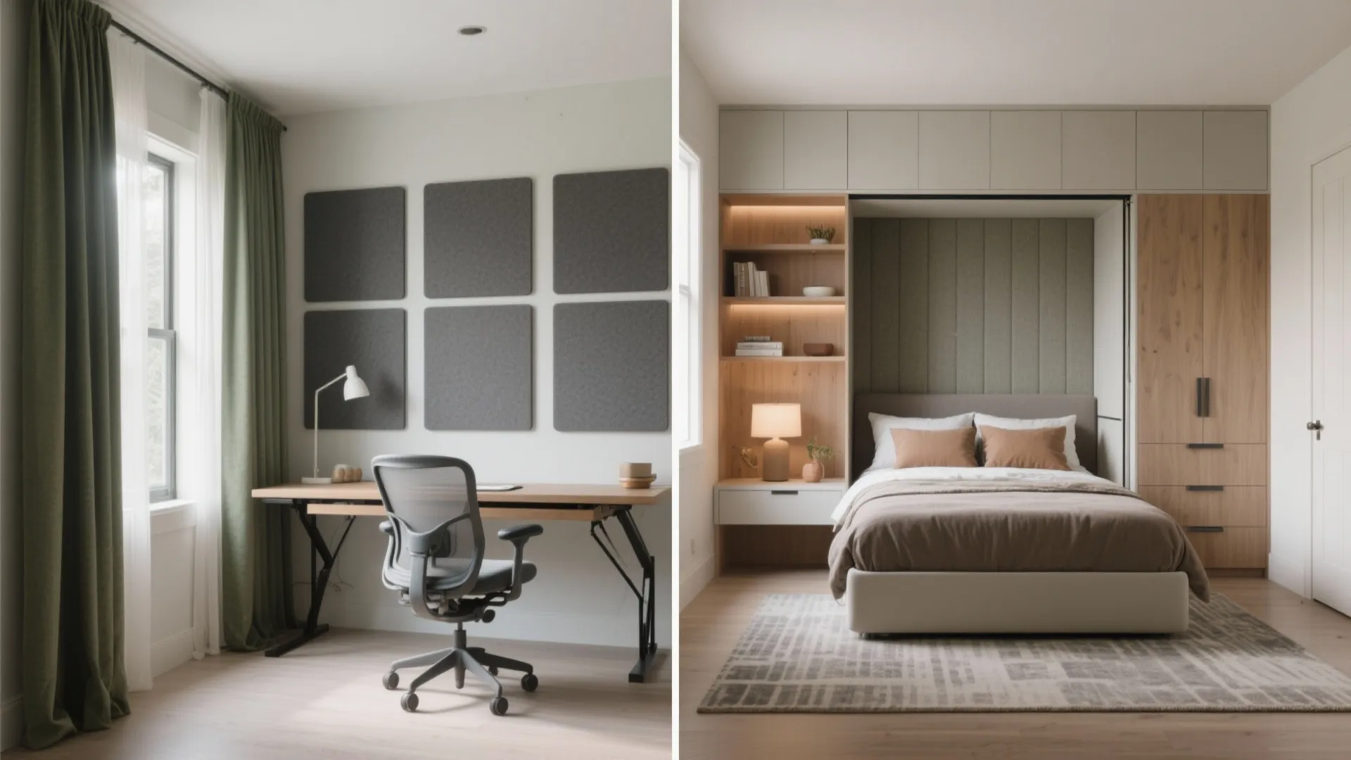 Guest room by night, home office by day: Murphy bed + wardrobe wall