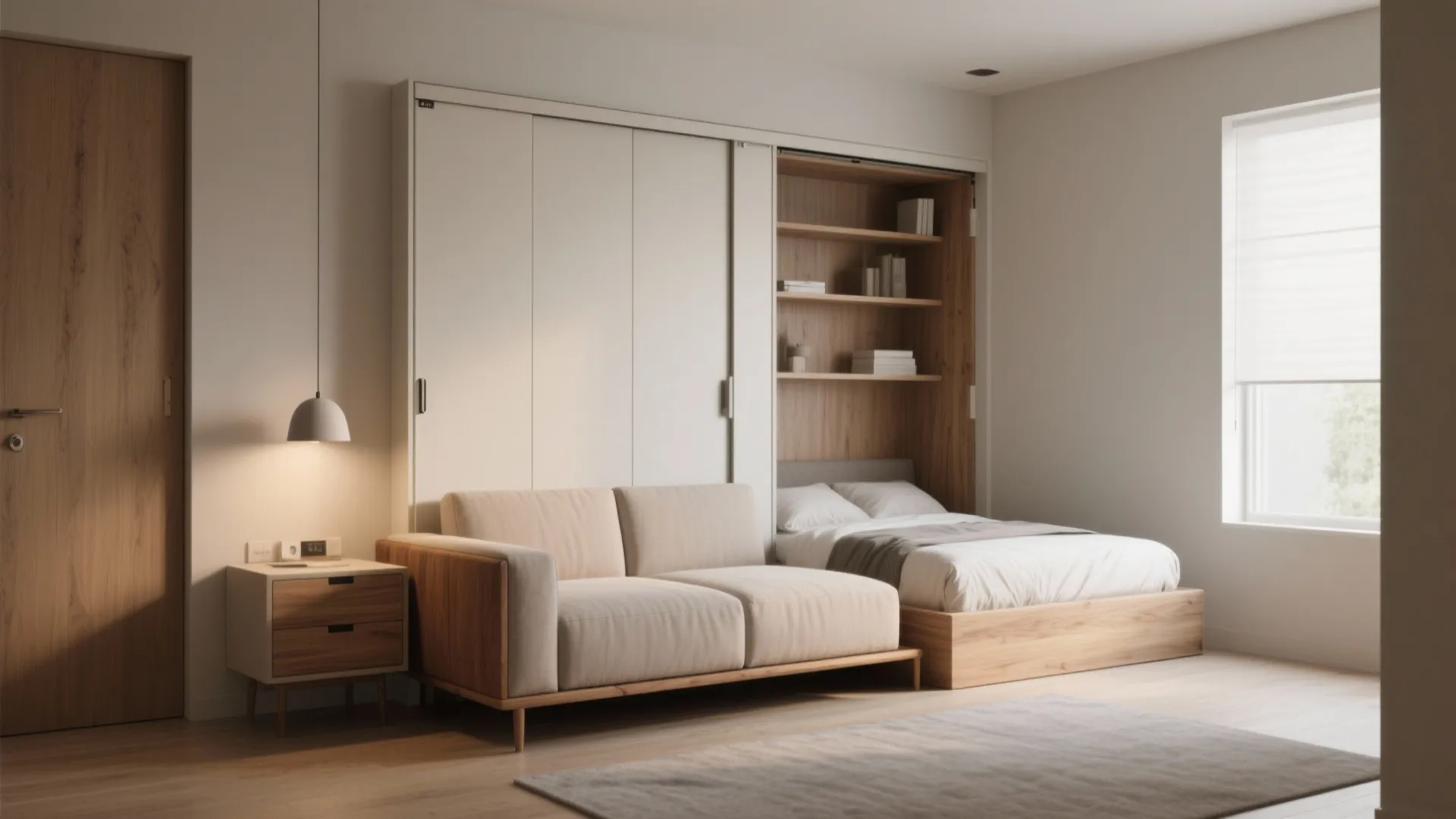 Modern small room featuring beige sofa and pull out bed from white wall cabinet unit
