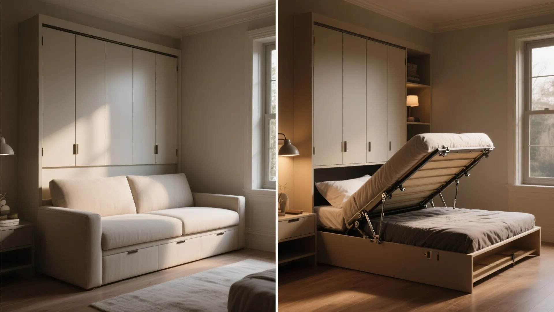 Before and after of a Murphy-daybed hybrid: cabinet closed as sofa and opened as bed, showing hardware and upholstery.