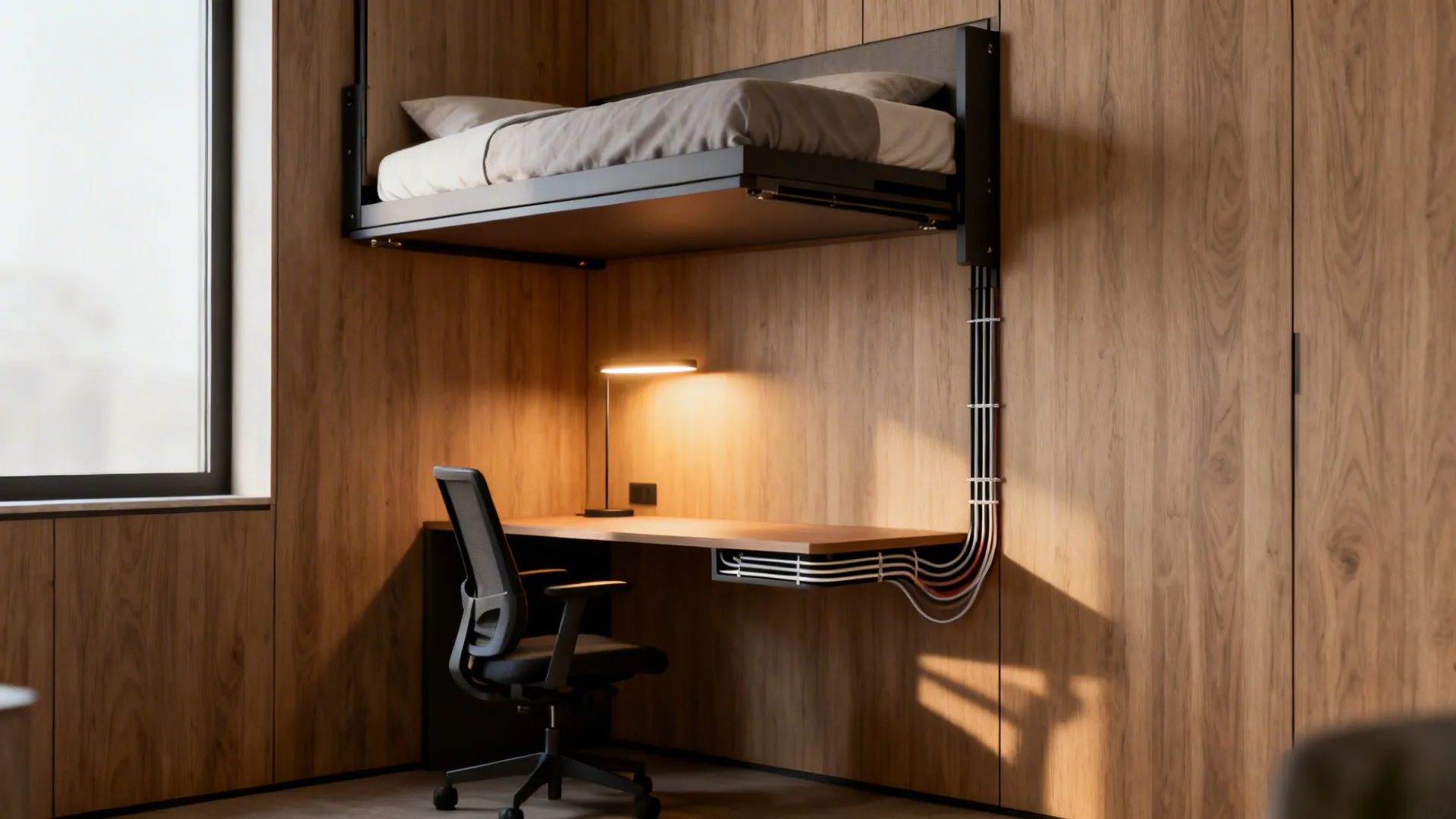 Space saving bedroom design with a bed mounted high above a wooden desk and chair