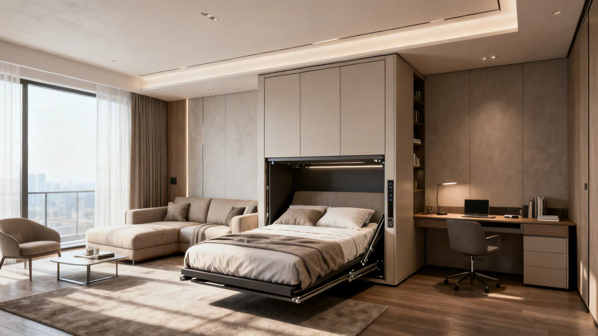 Studio with a king-size Murphy bed folding from a slim cabinet into a sofa/workspace