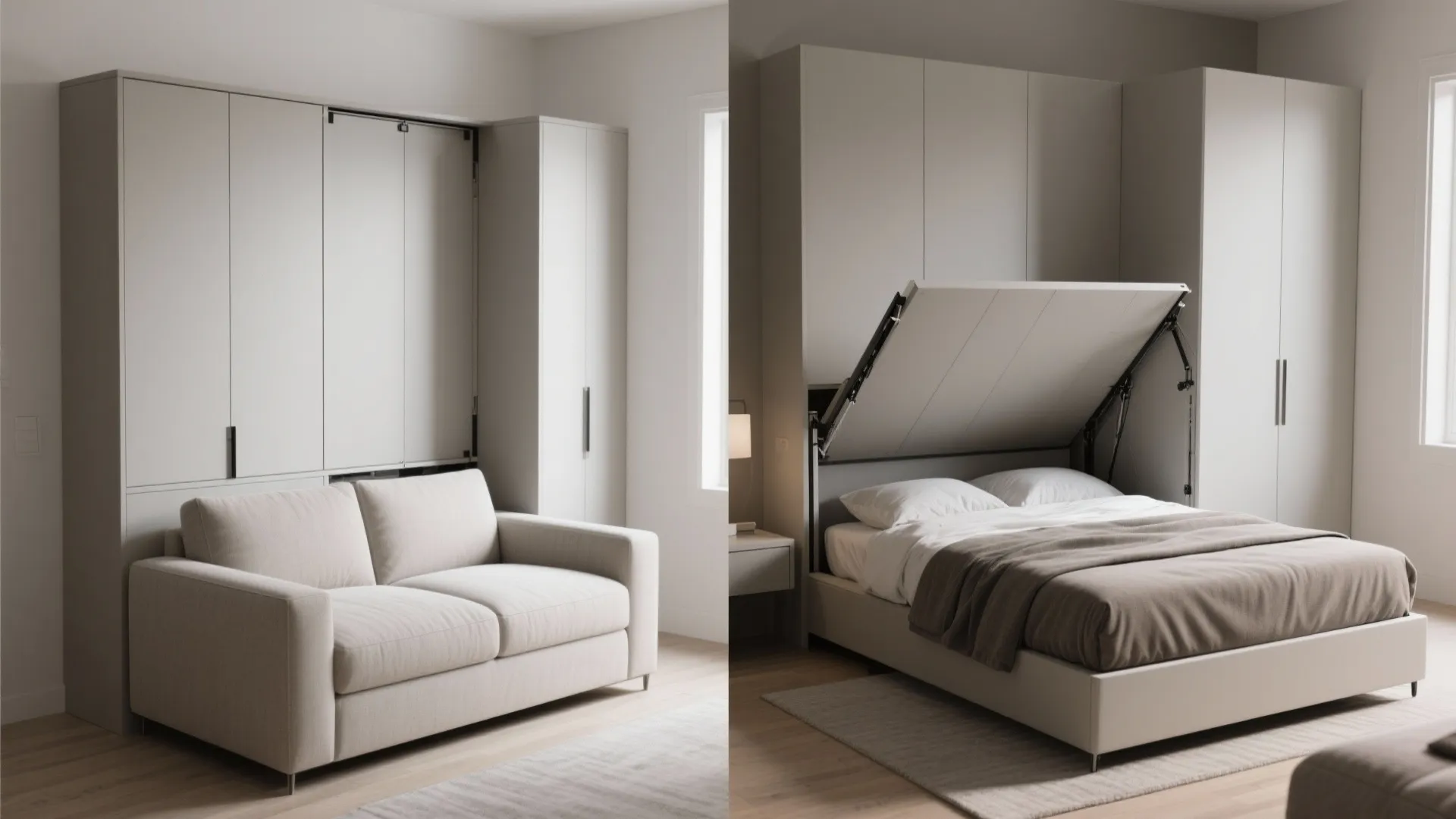 Modern wall bed system showing a grey sofa and a bed folding out from a cabinet