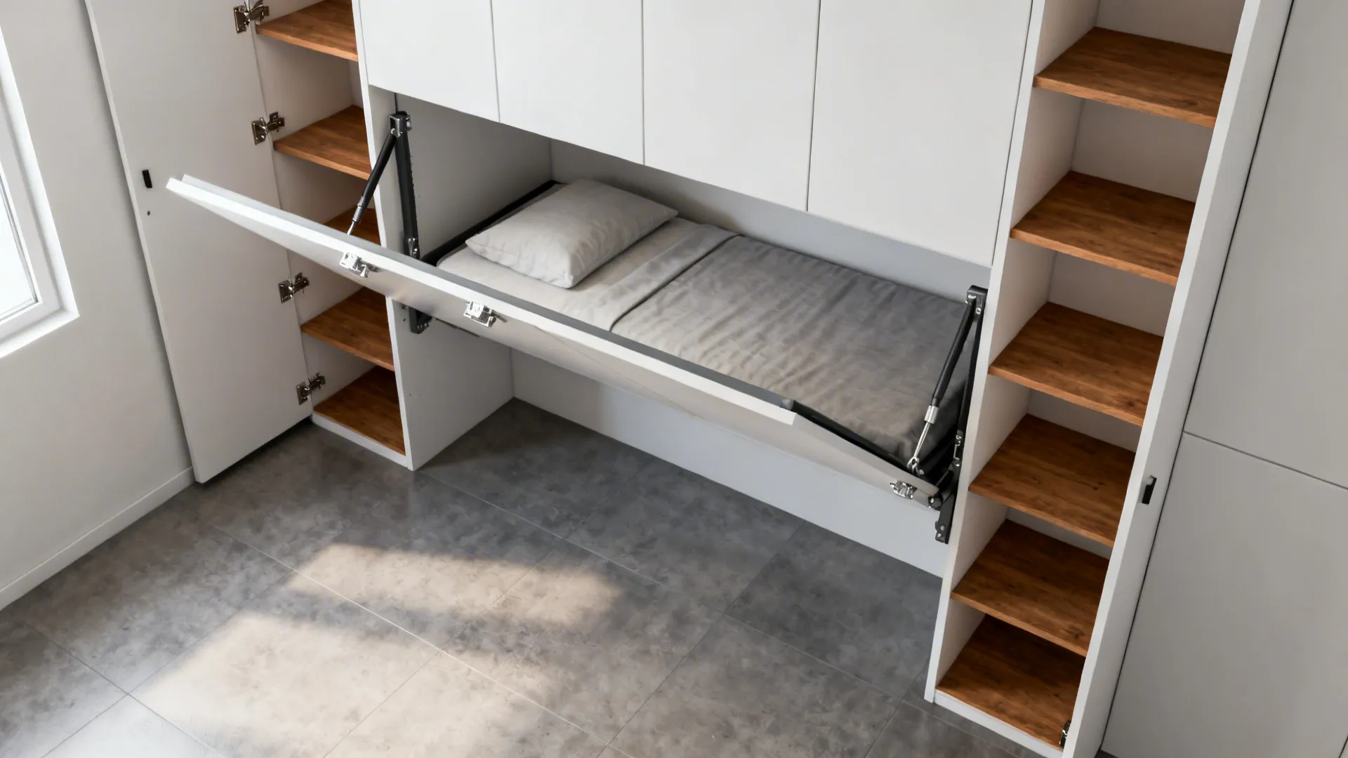 Murphy-style loft bed folded up into shelving to open the small room during daytime.