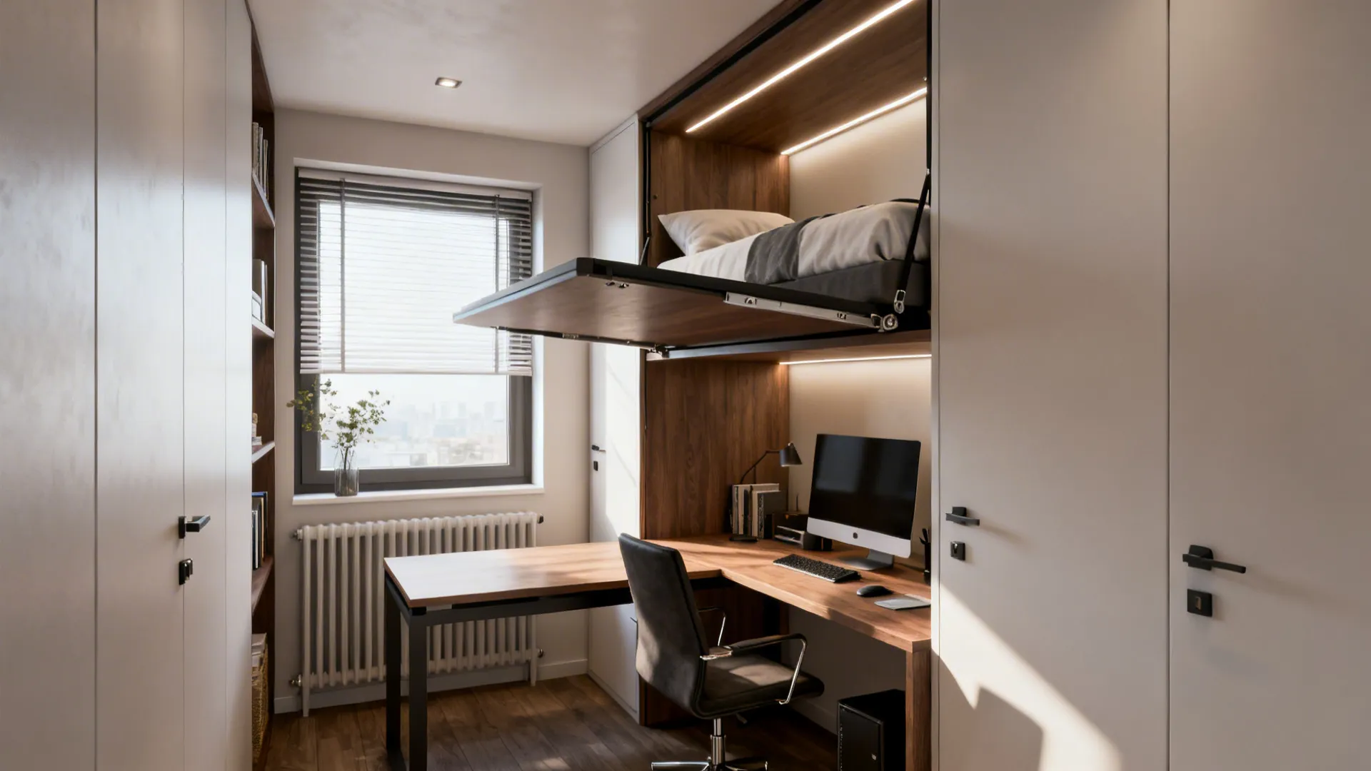 Small home office with wooden desk and computer featuring a pull down bed for saving space