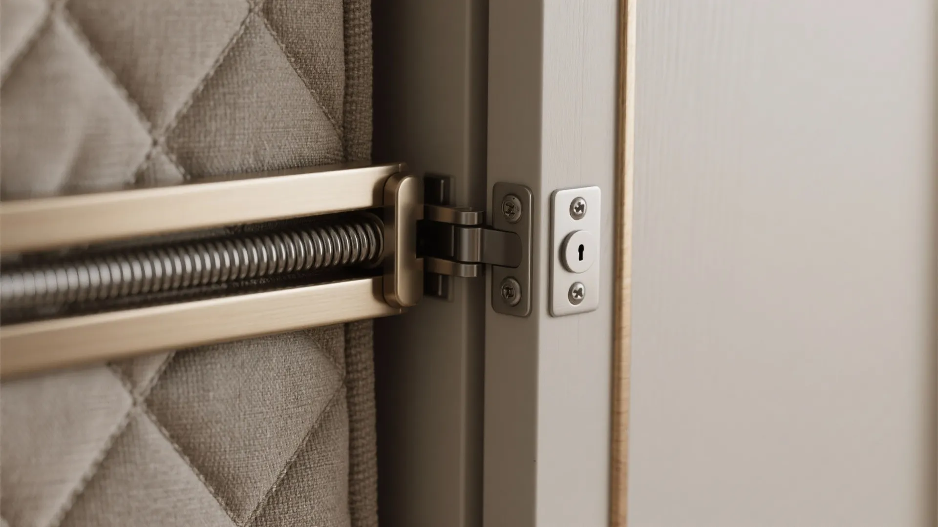 Close up view of a metal door hinge and spring mechanism on a padded wall