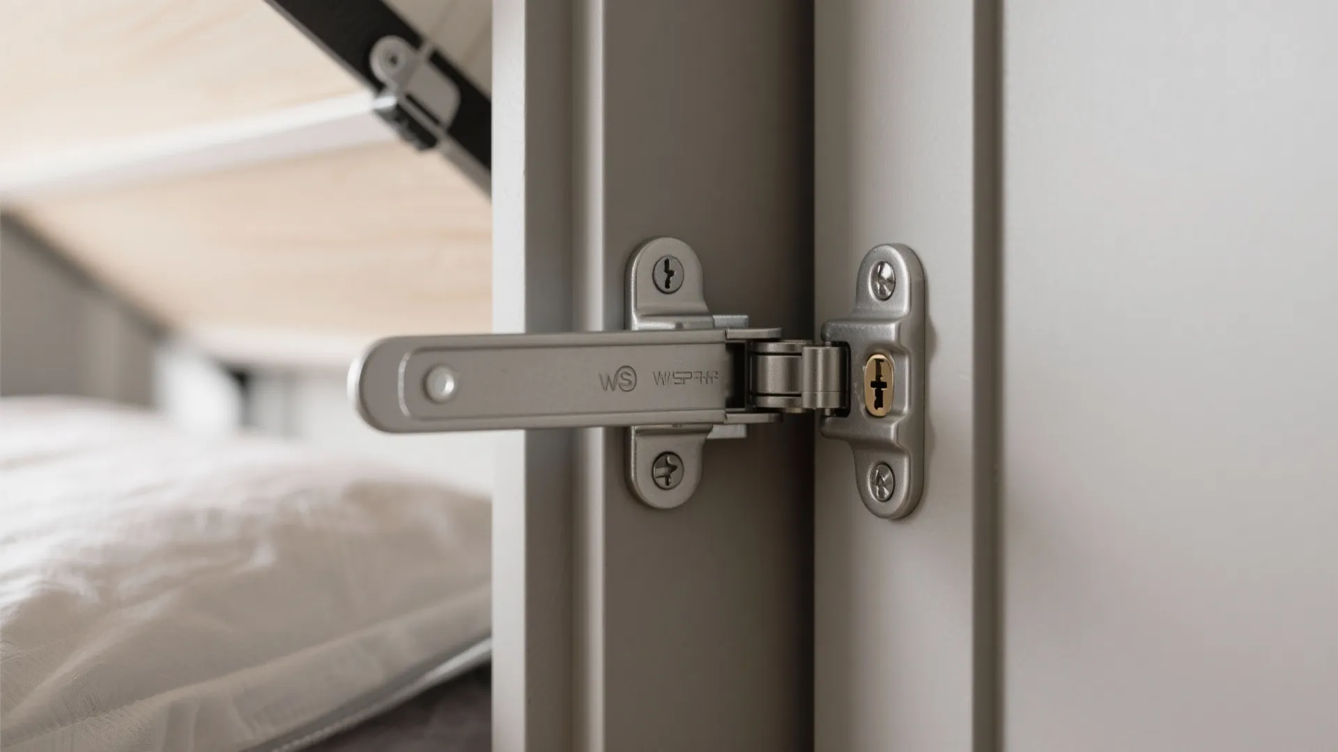 Close-up of a Murphy bed anti-tilt mechanism and hinge in a modern cabinet.