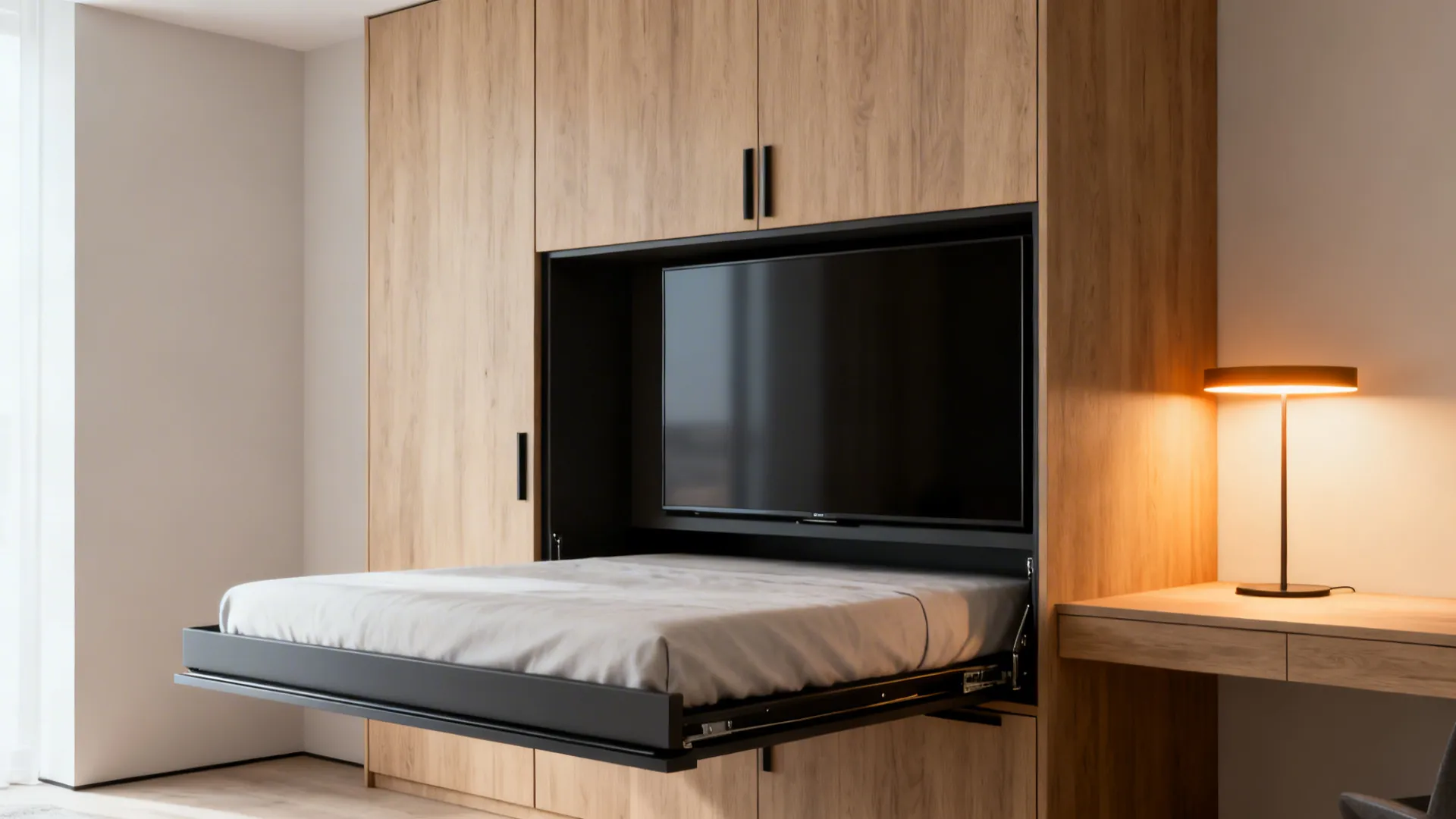 Modern wooden wall cabinet with a pull down bed plus a television and table lamp